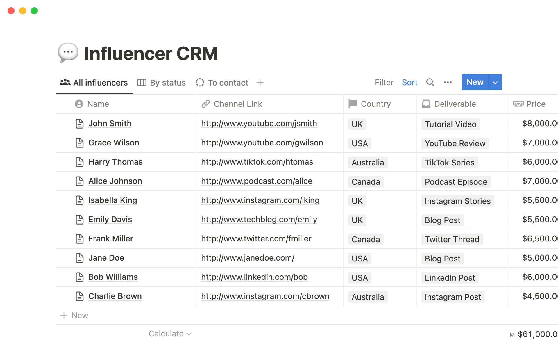 A template preview for Influencer CRM