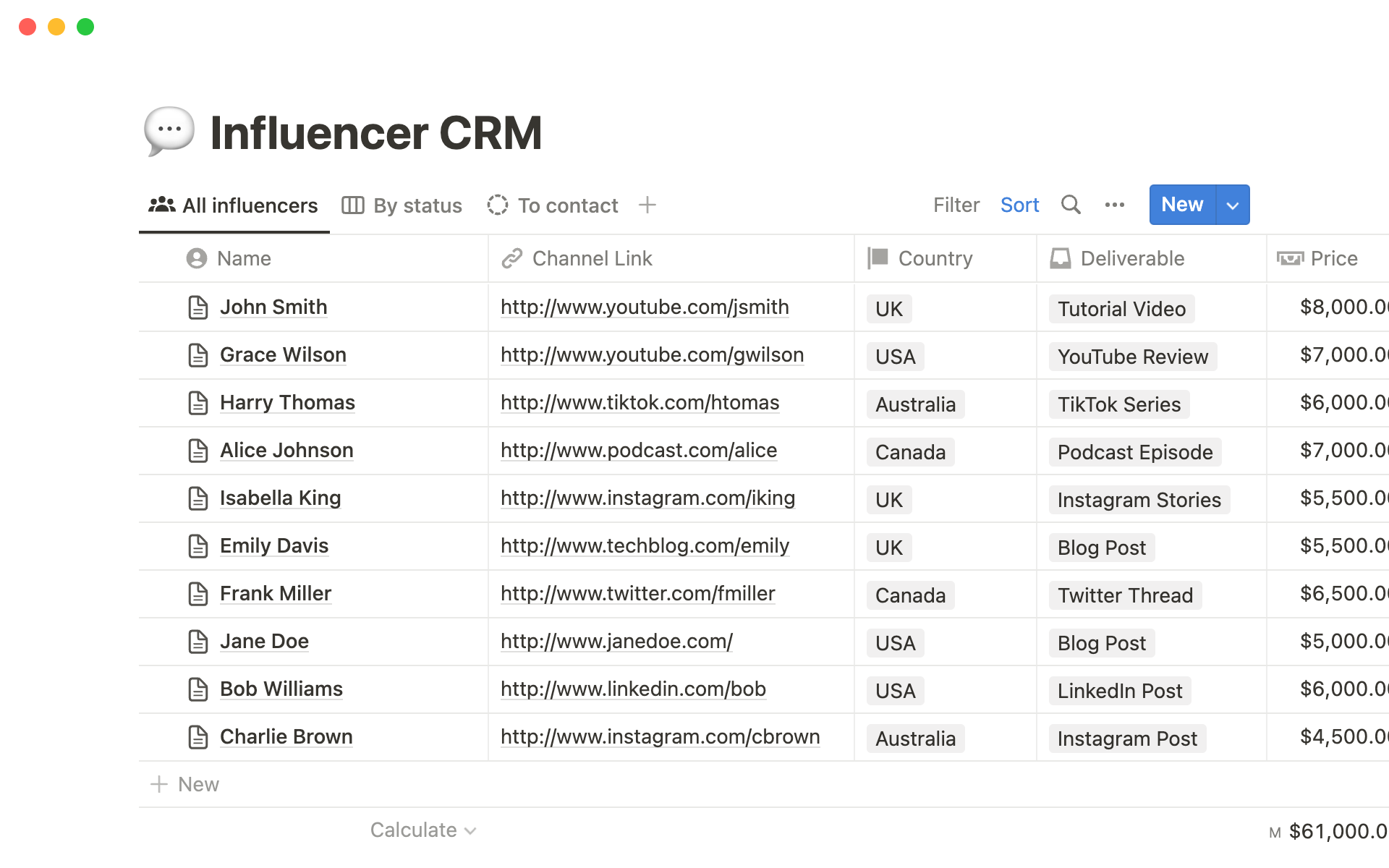 Vista previa de una plantilla para Influencer CRM