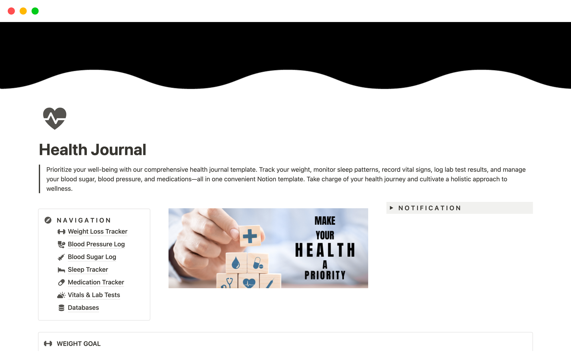 A template preview for Health Journal