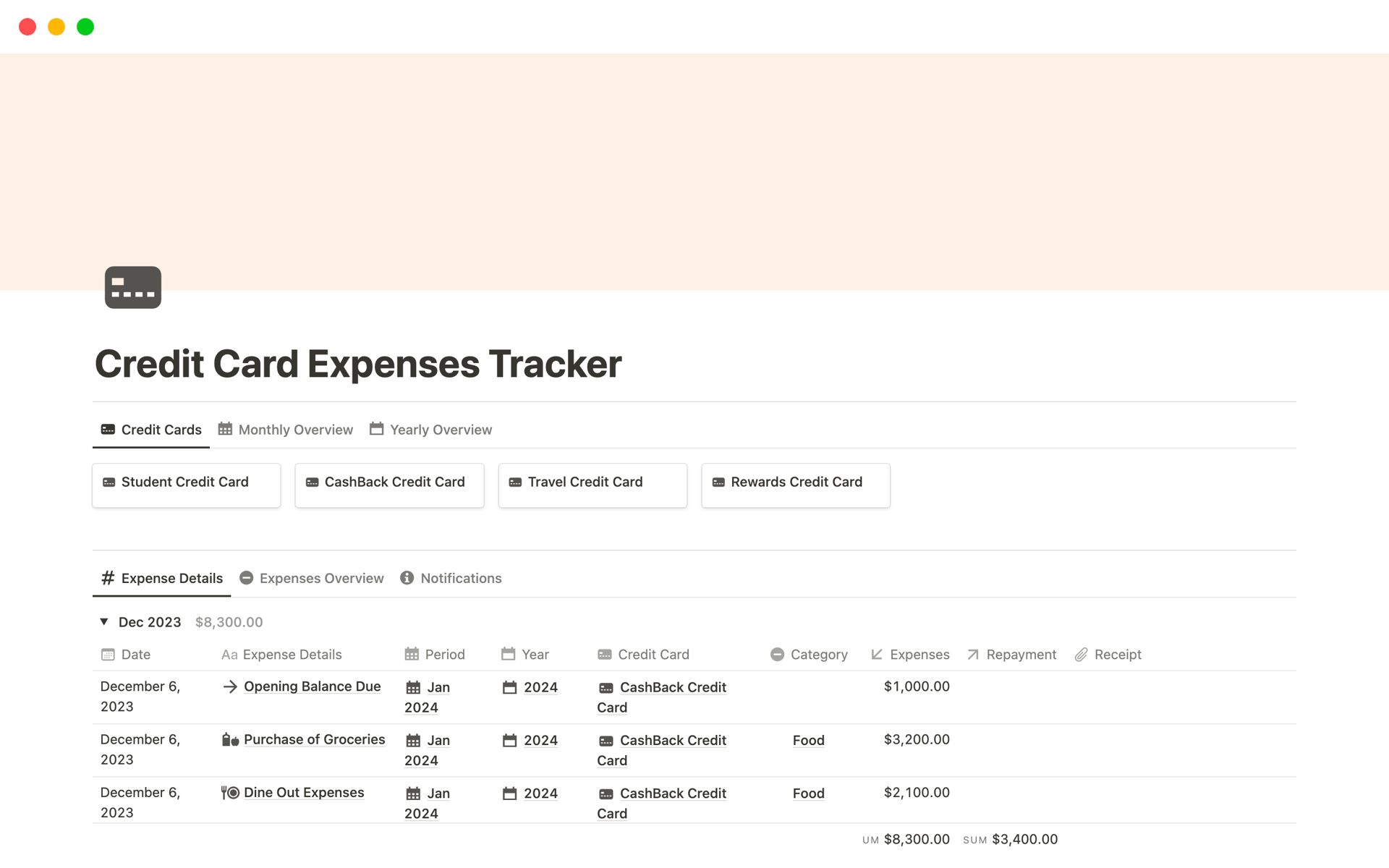 Eine Vorlagenvorschau für Credit Card Expenses Tracker