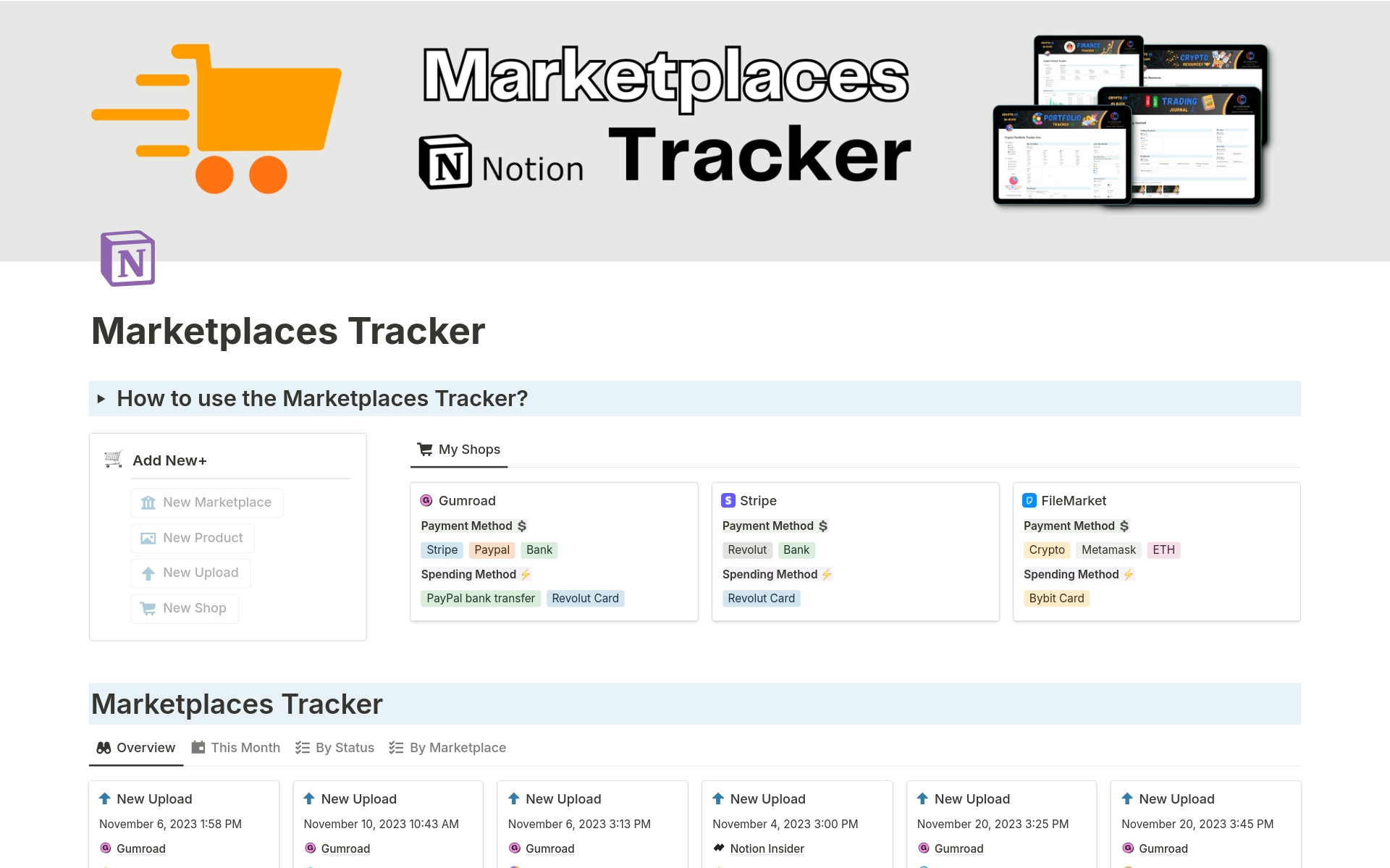 Eine Vorlagenvorschau für Notion Marketplaces Tracker