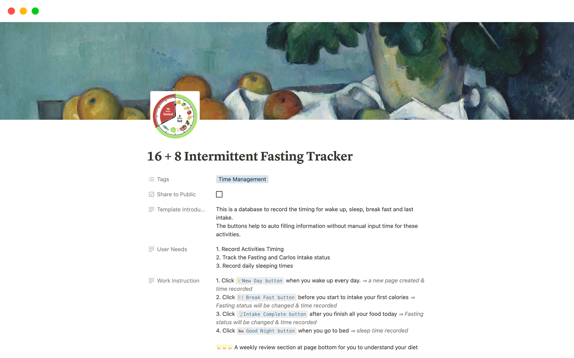 A template preview for 16 + 8 Intermittent Fasting Tracker