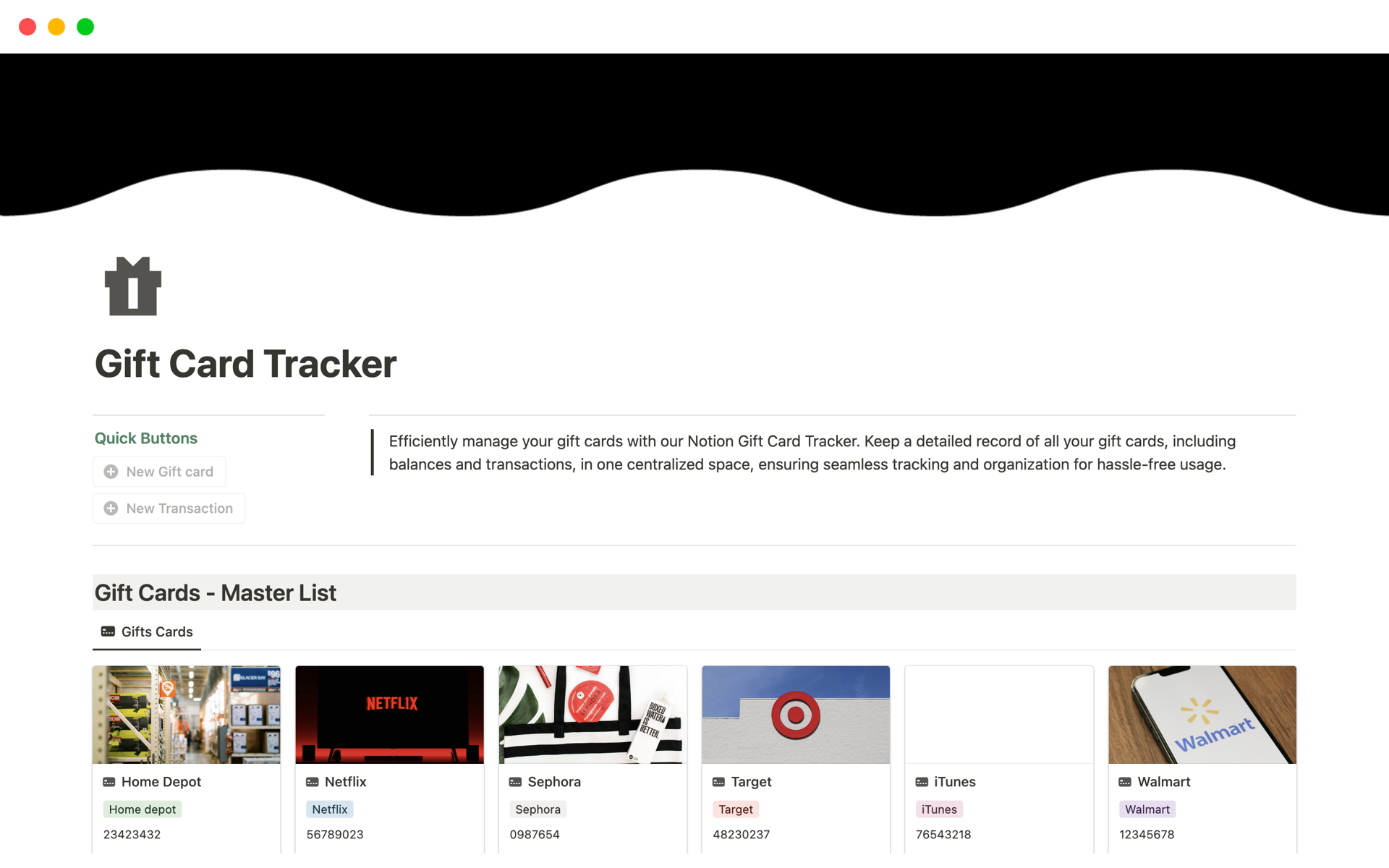 Efficiently manage your gift cards with our Notion Gift Card Tracker.