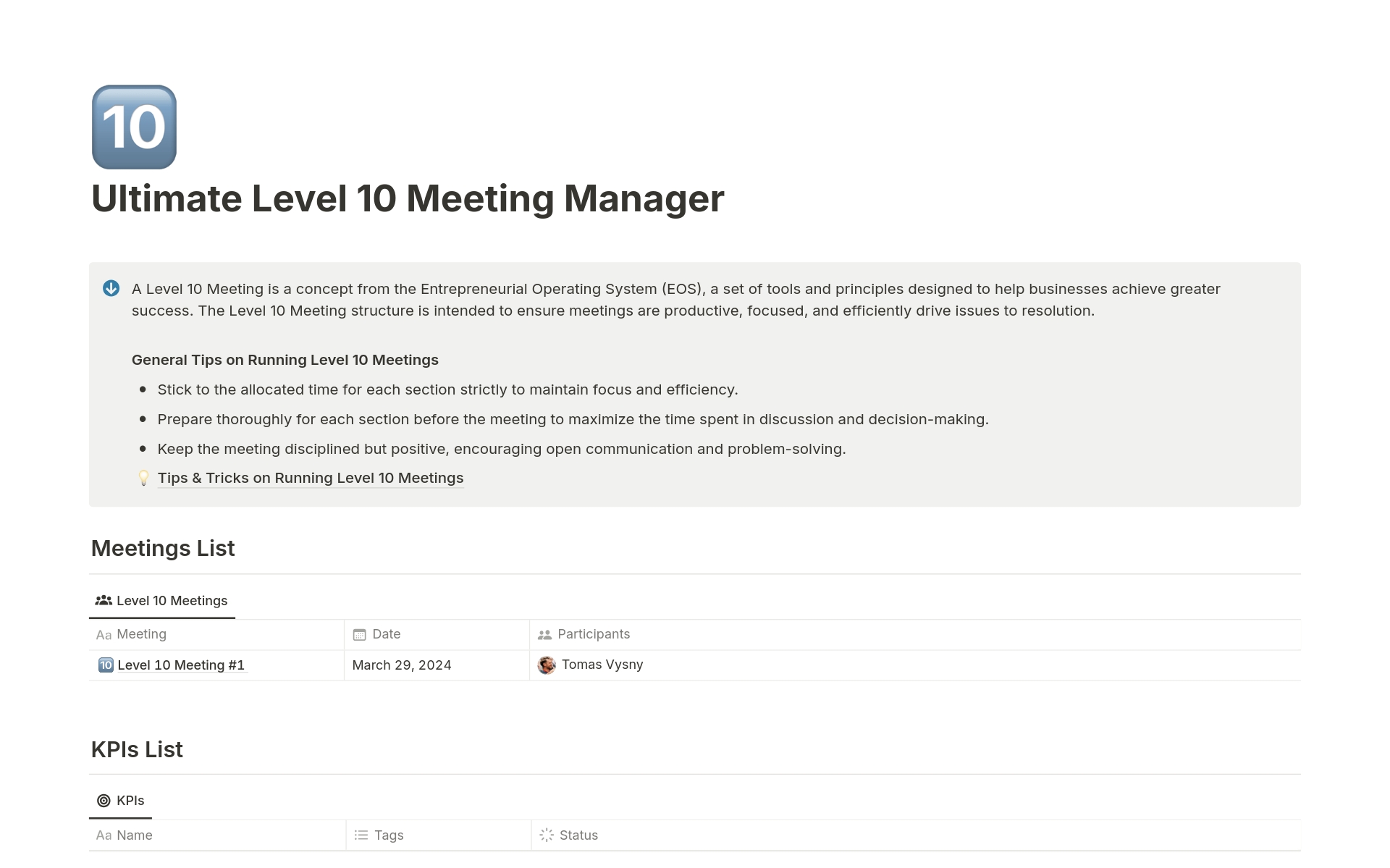 Transform meetings with "Ultimate Level 10 Meeting Manager" - your key to productive, focused EOS meetings. Unlock best practices, manage KPIs & goals, and streamline decision-making. Elevate your team's efficiency and alignment today.

