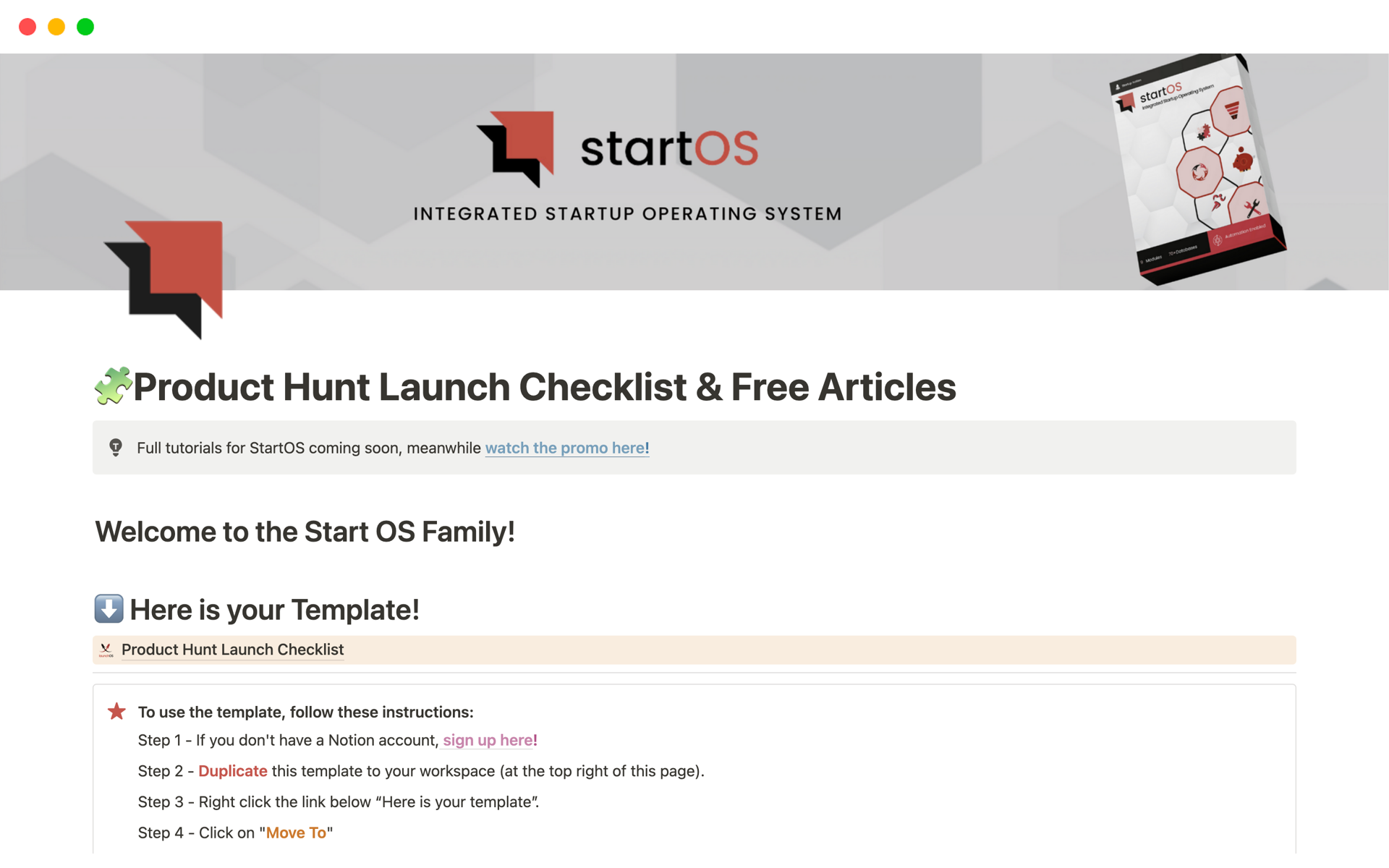 Eine Vorlagenvorschau für Product Hunt Launch Checklist & Free Articles