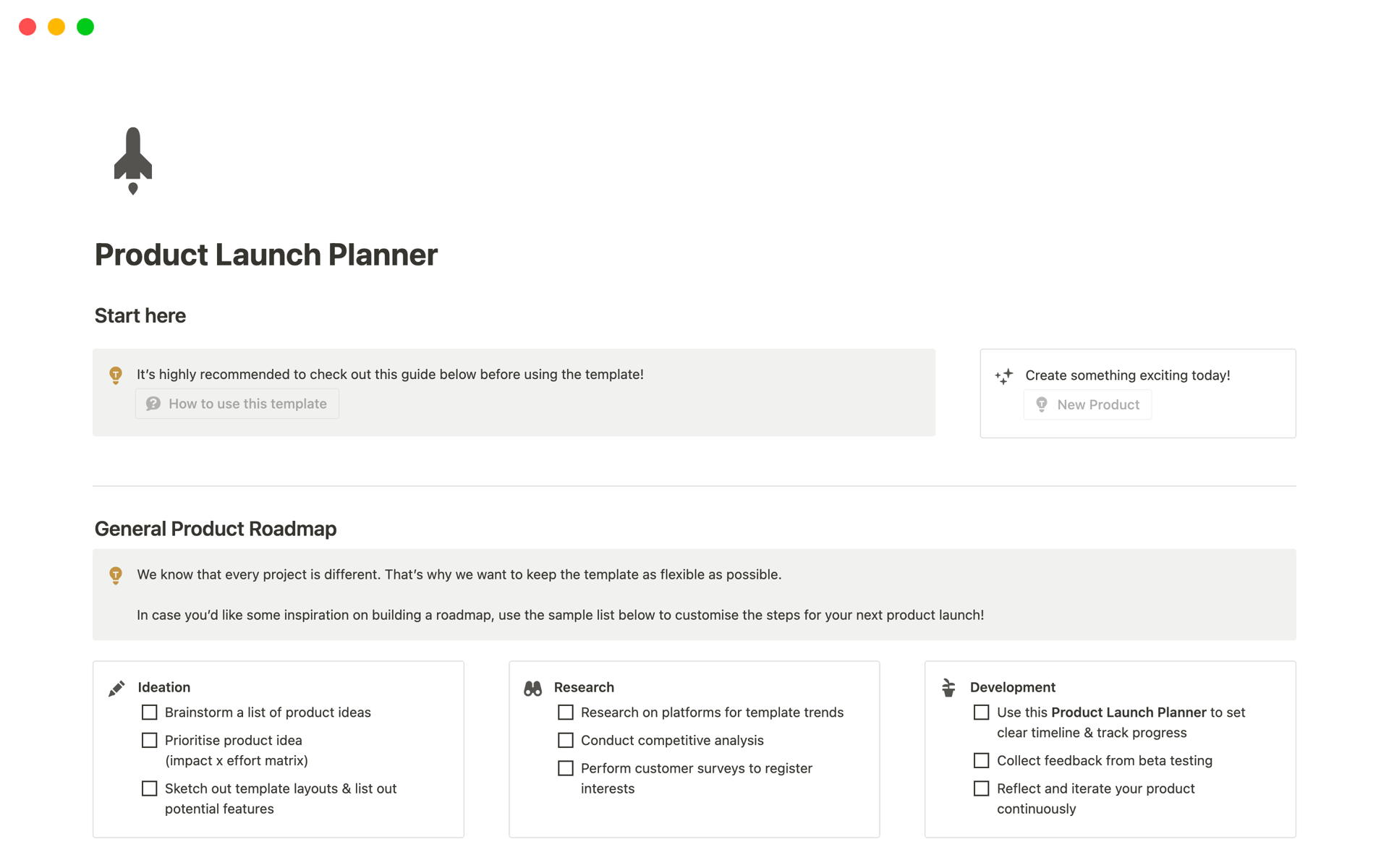 Uma prévia do modelo para Product Launch Planner