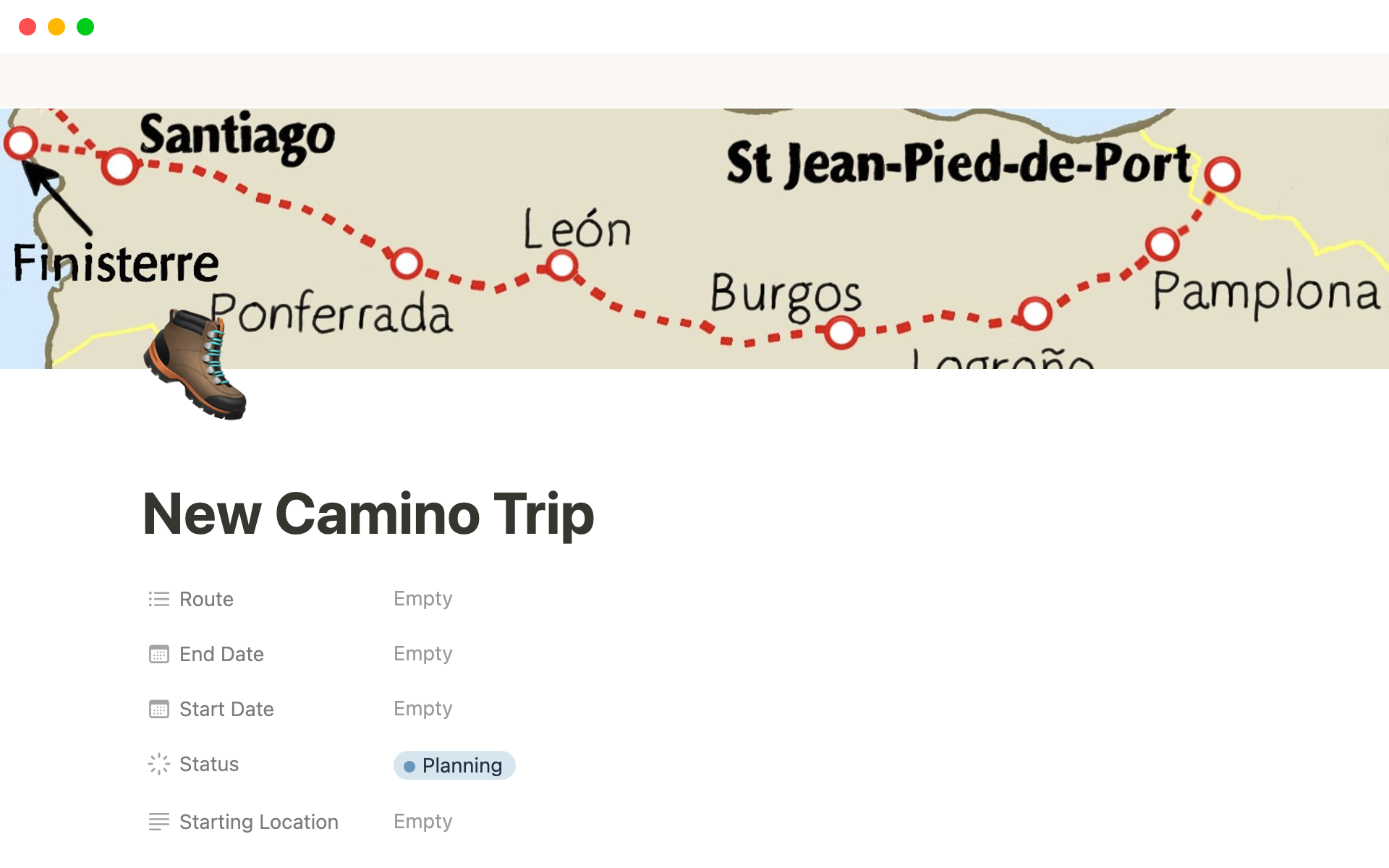 The Camino Planner is a Notion template designed to help plan, prepare, and navigate the Camino de Santiago pilgrimage.
