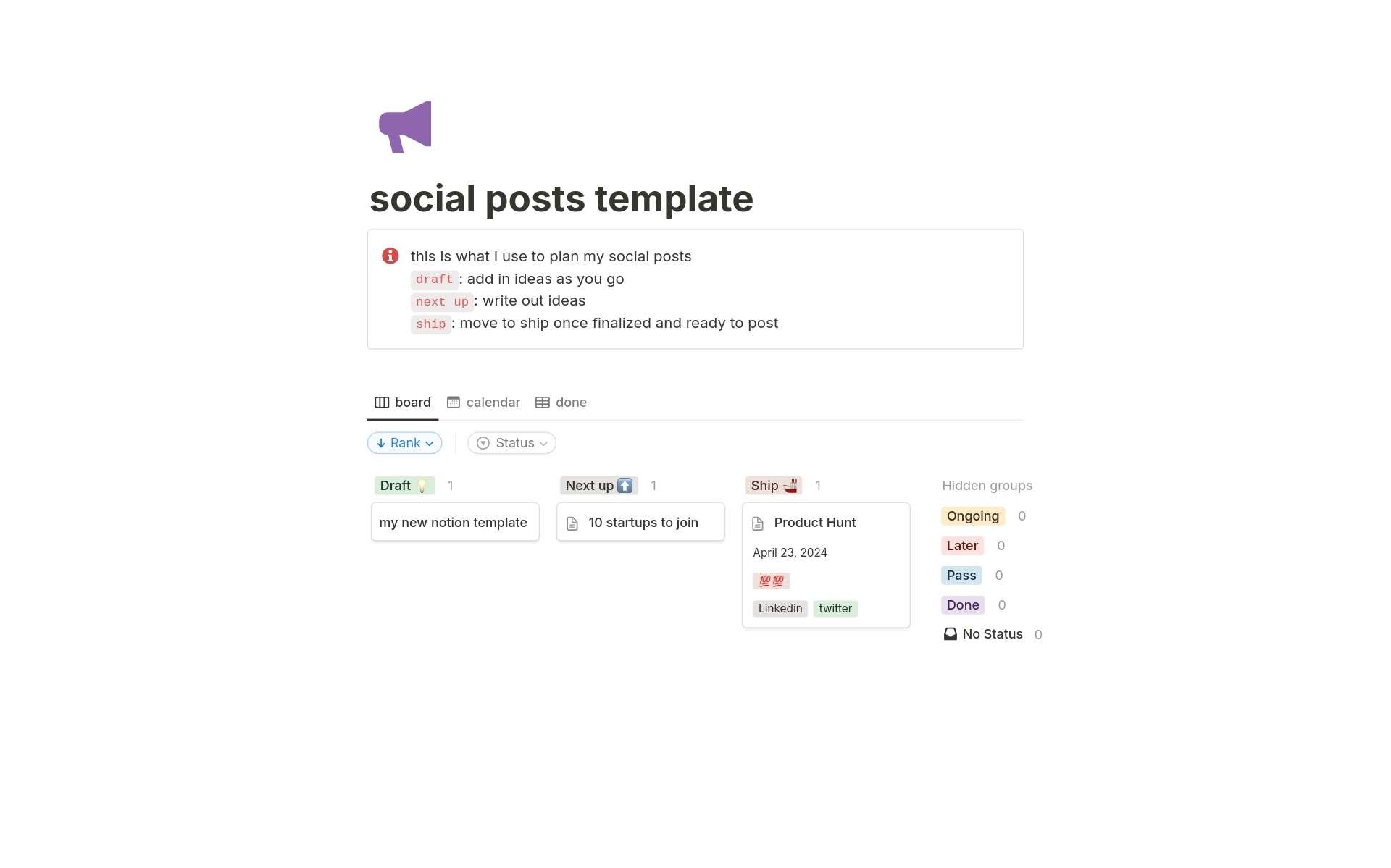 A template preview for Social posts pipeline