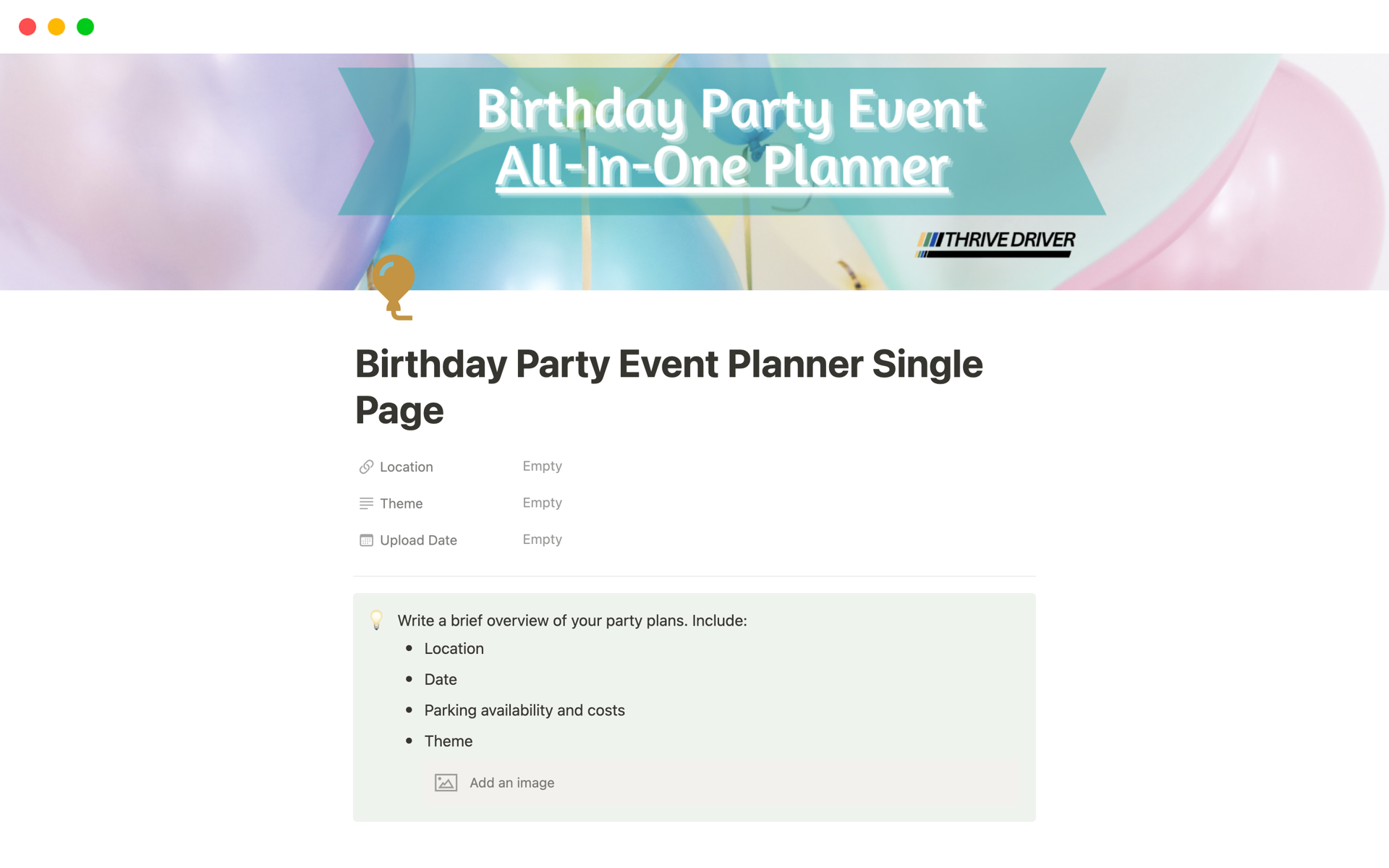 A template preview for Birthday Party Event Planner Single Page
