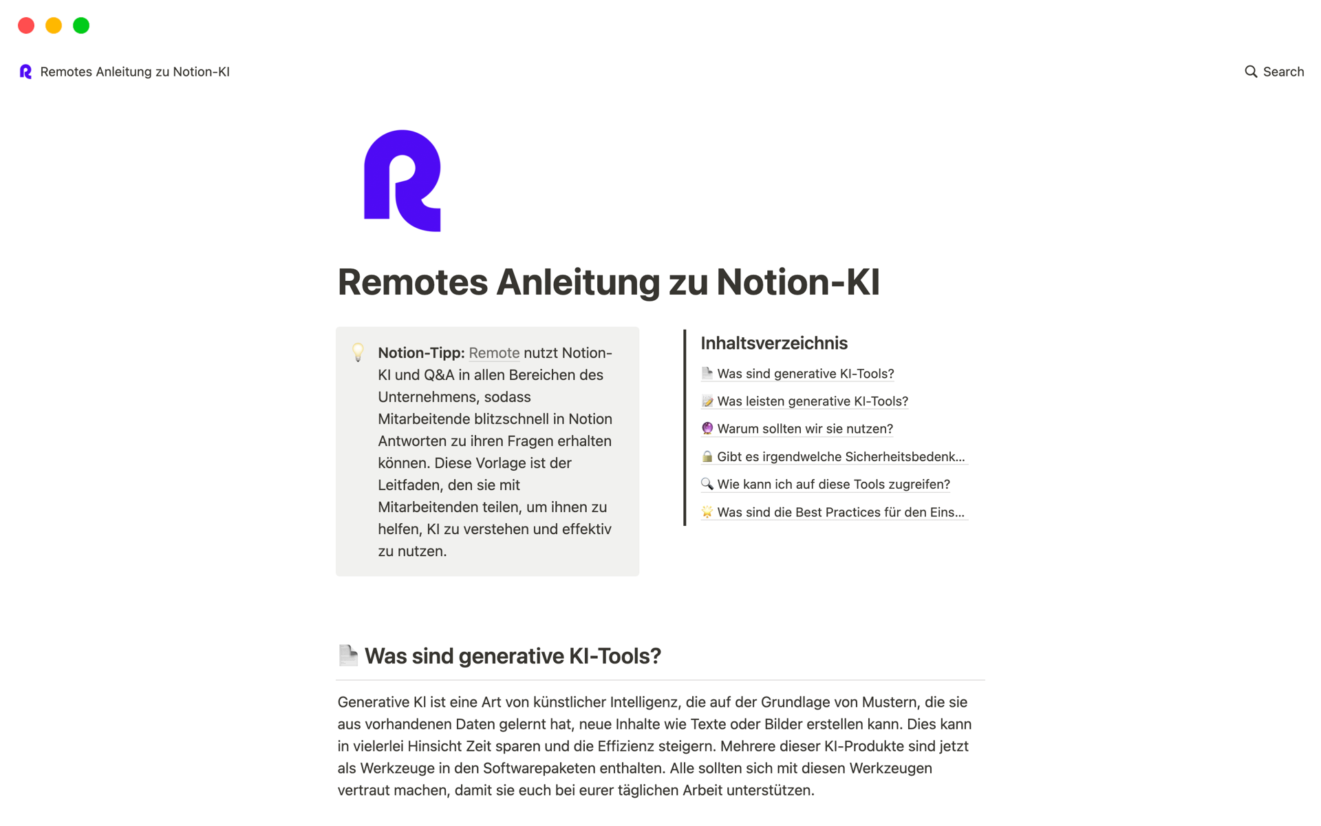 Eine Vorlagenvorschau für Remotes Anleitung zu Notion-KI