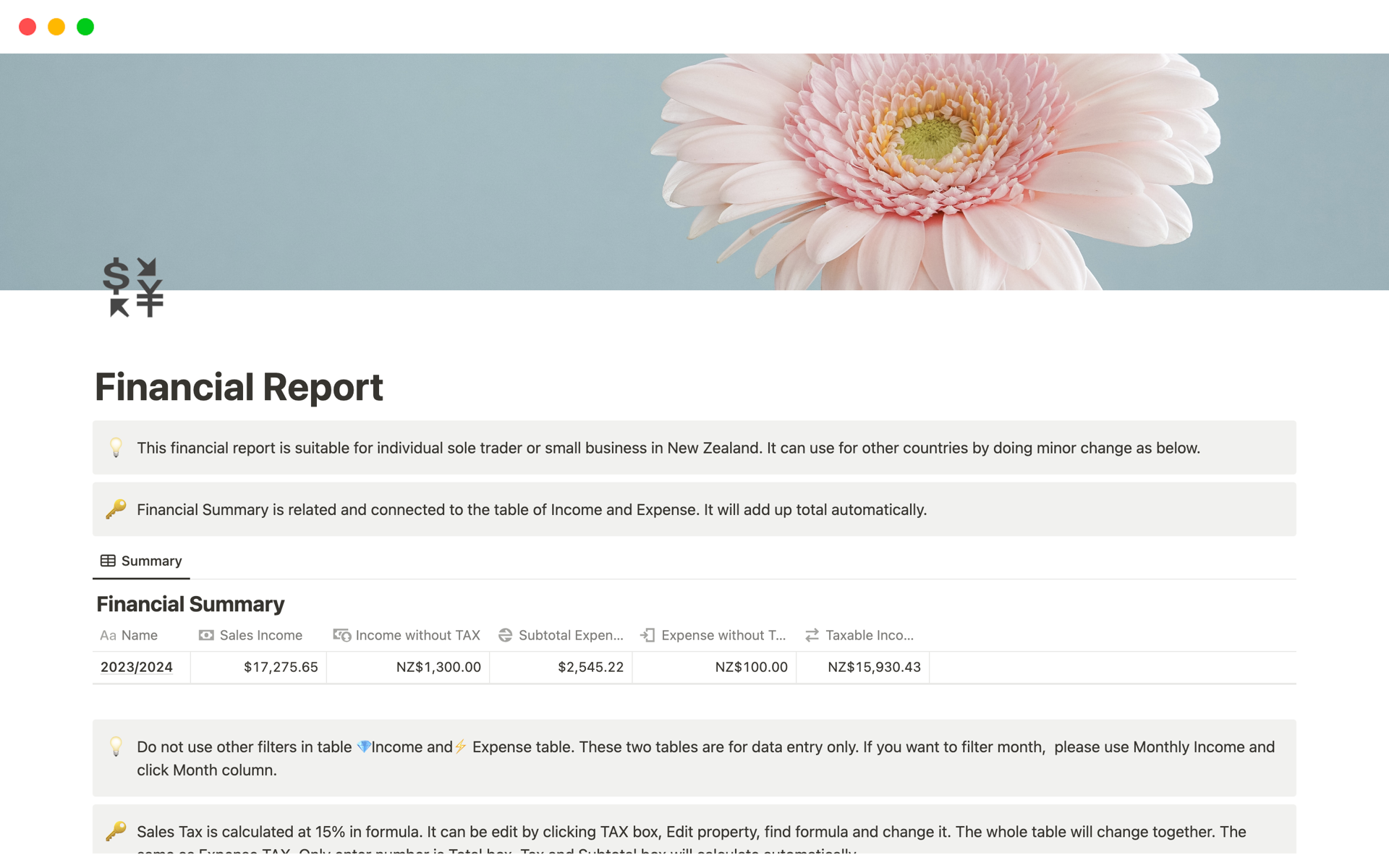 A template preview for Financial Report