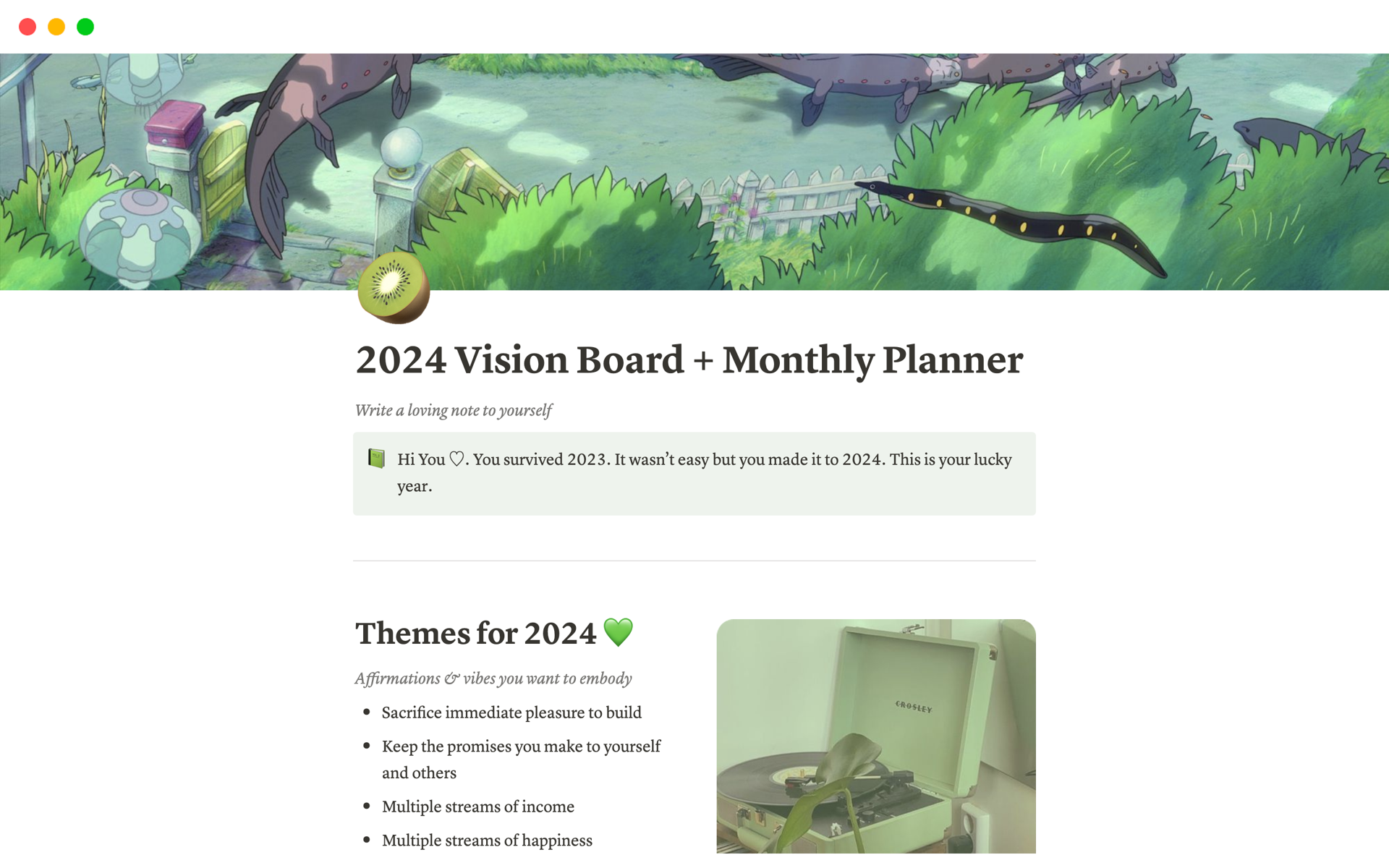 Eine Vorlagenvorschau für 2024 Vision Board + Monthly Planner