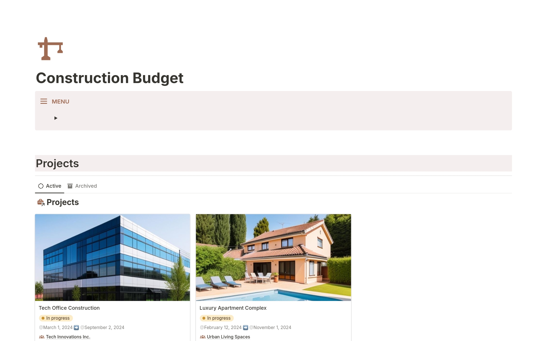 A template preview for Construction Budget & Cost Tracking