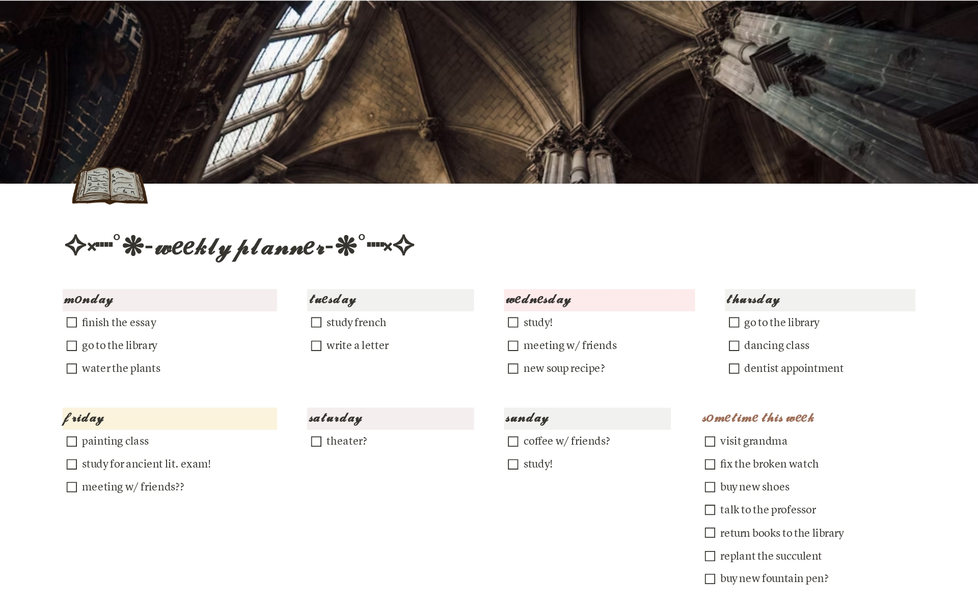 A template preview for weekly planner - dark academia aesthetic