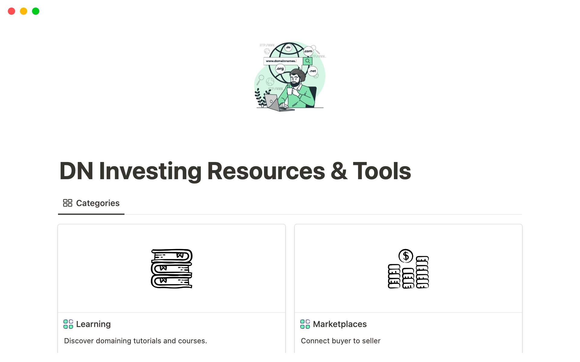 A template preview for Domain Investing Resources and Tools