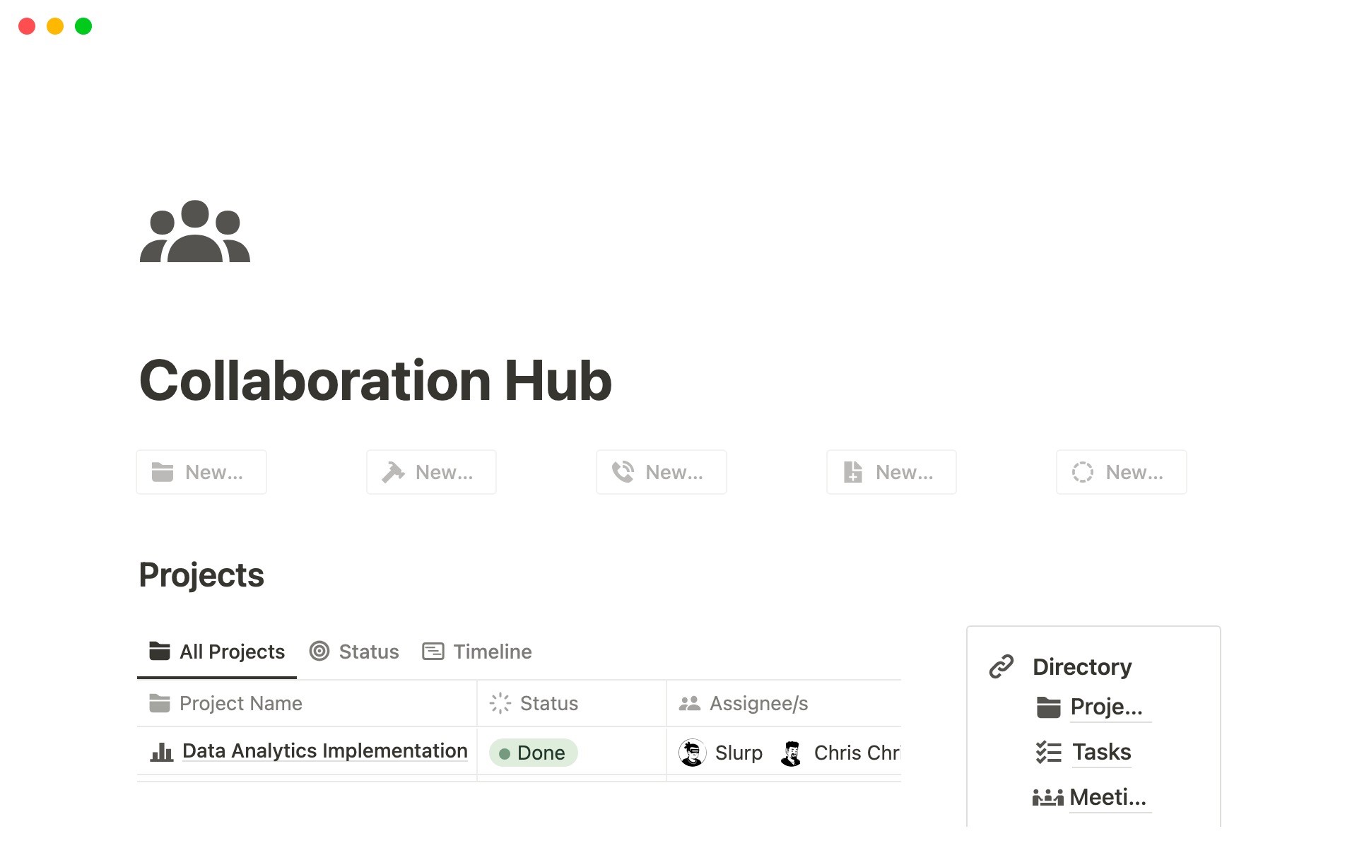 Vista previa de plantilla para Collaboration Hub