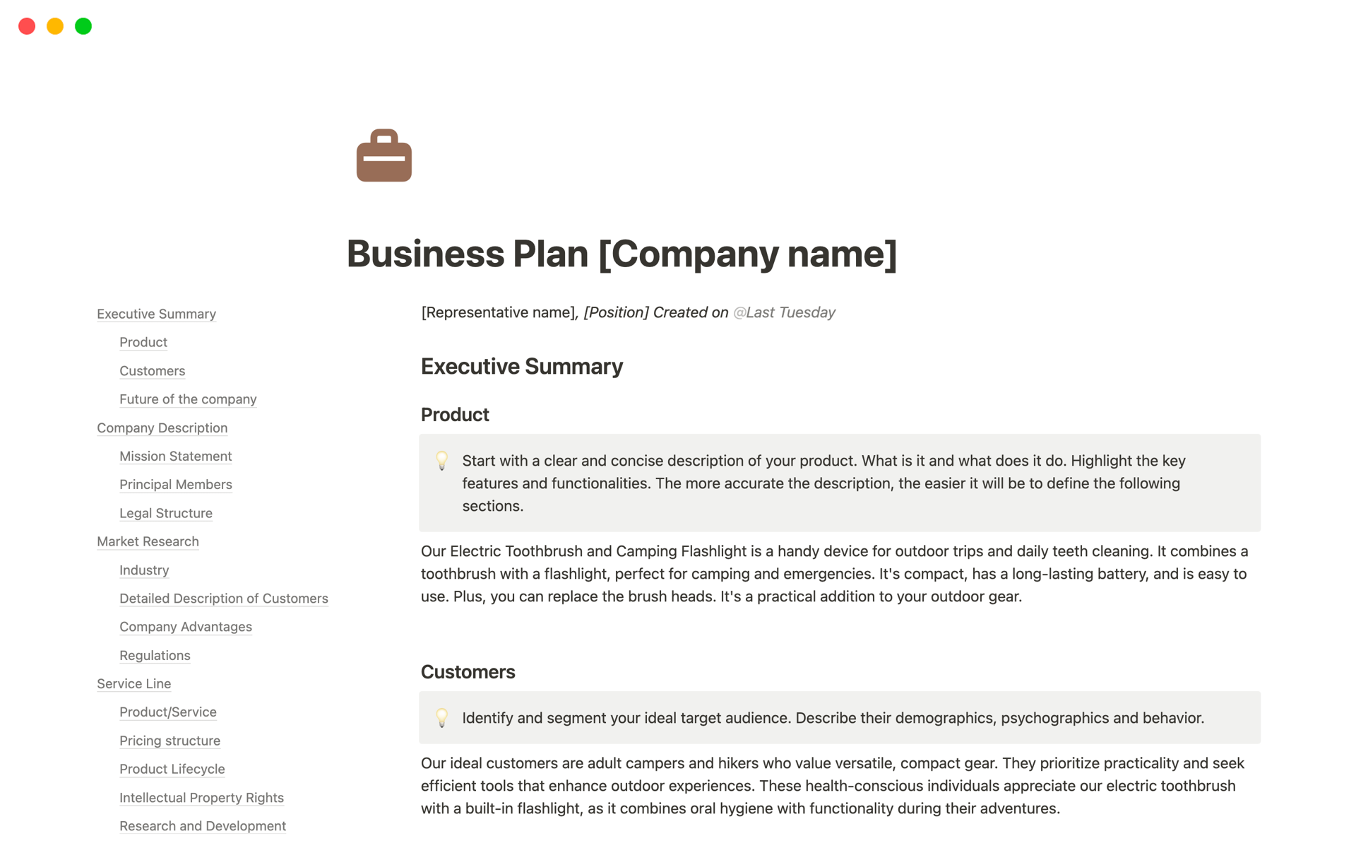 A business plan template with instructions on how to use it and Notion AI.