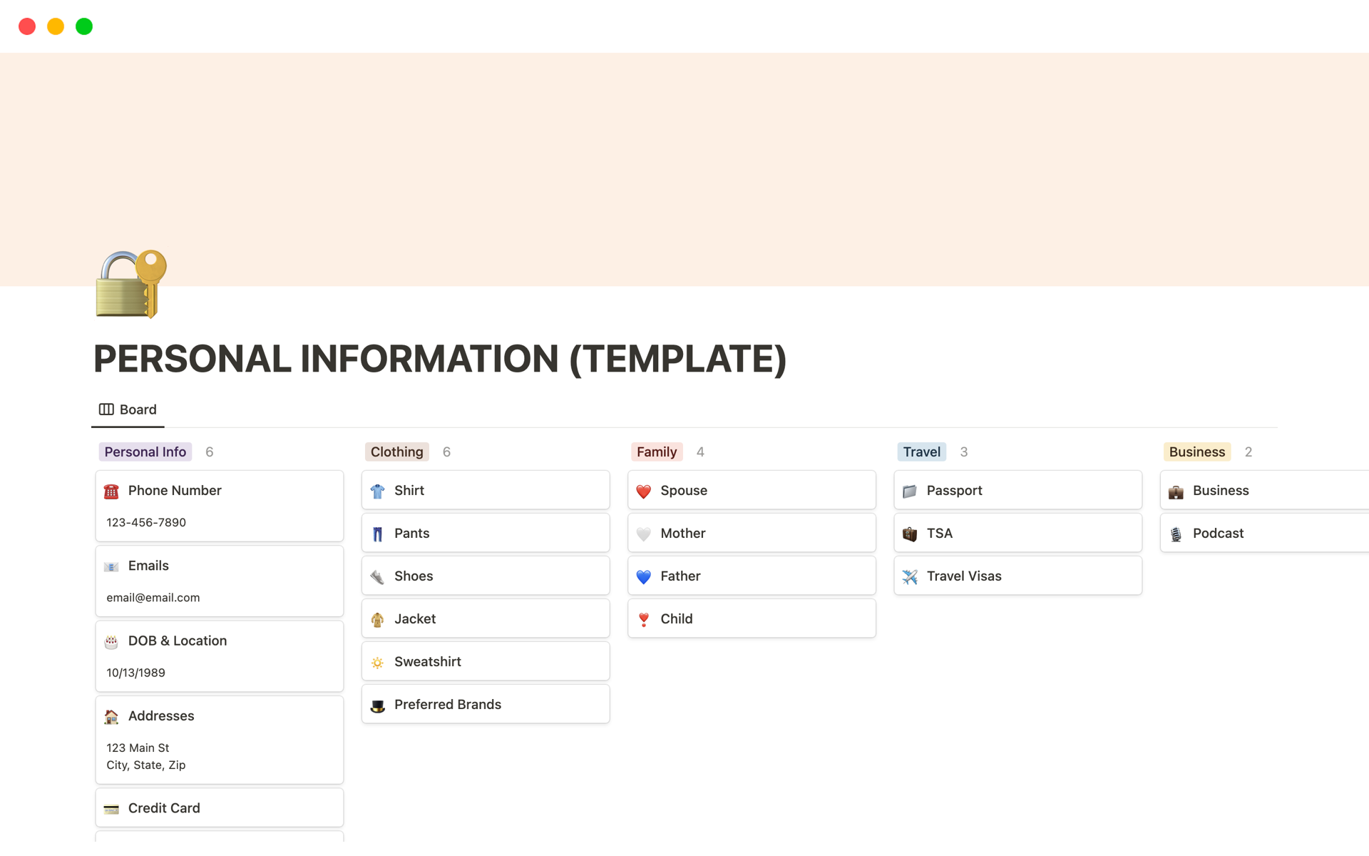 The personal information template simplifies organization by consolidating essential details like clothing sizes, addresses, finances, and more into one easily accessible and customizable layout.