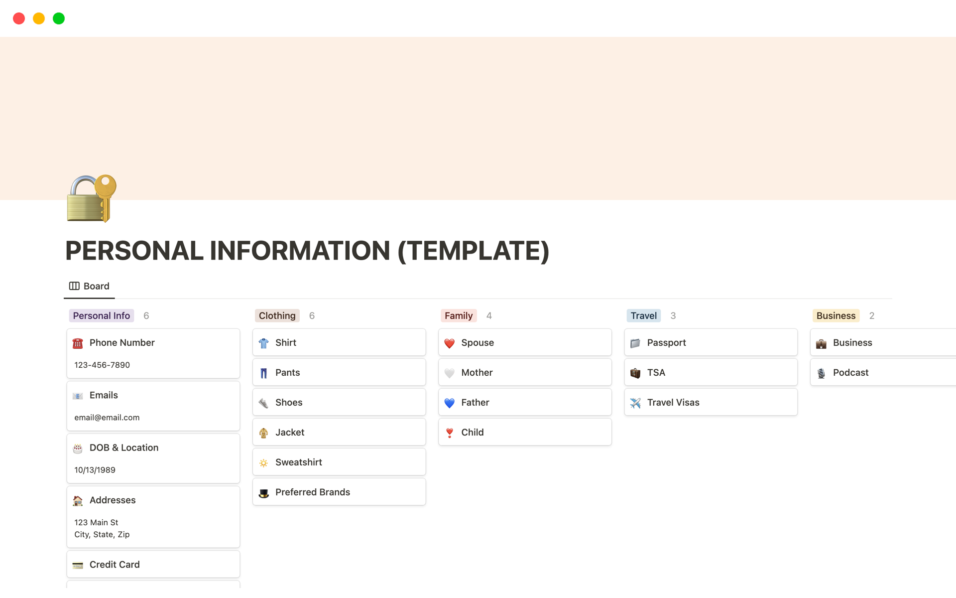 Aperçu du modèle de PERSONAL INFORMATION 