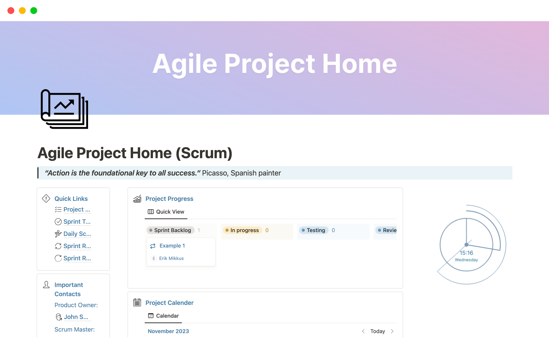 A template preview for Agile Project Home (Scrum)