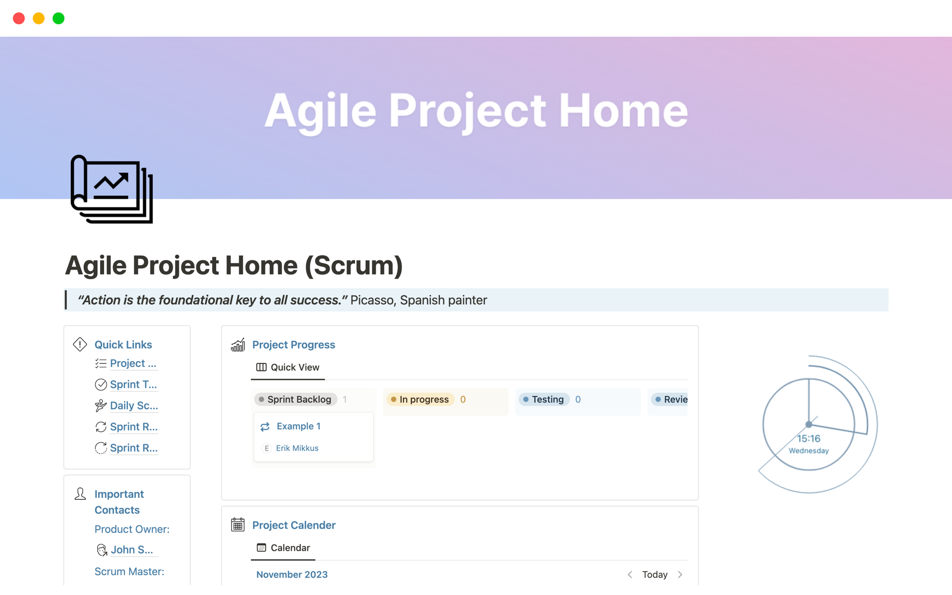 Vista previa de plantilla para Agile Project Home (Scrum)