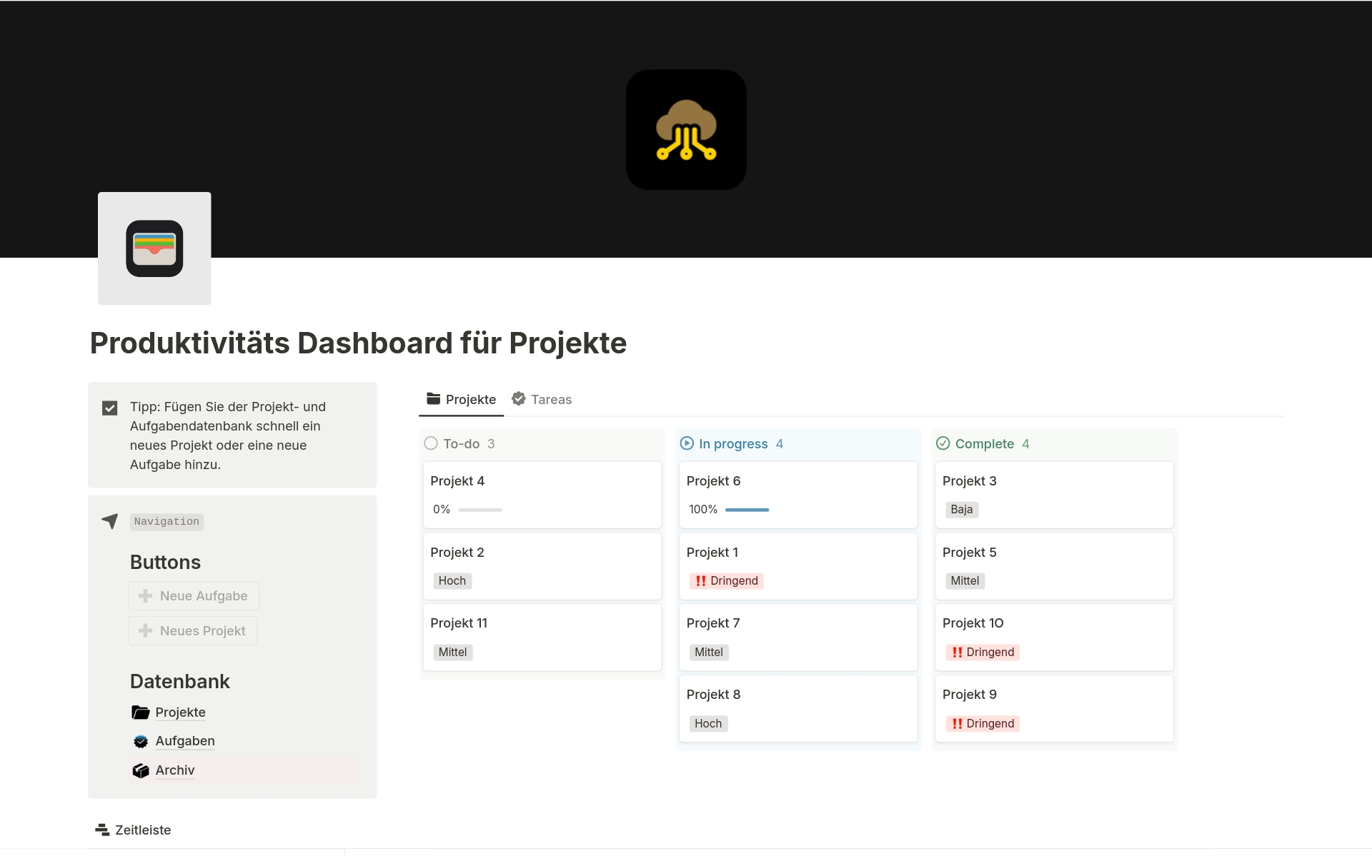 Eine Vorlagenvorschau für Produktivitäts Dashboard für Projekte