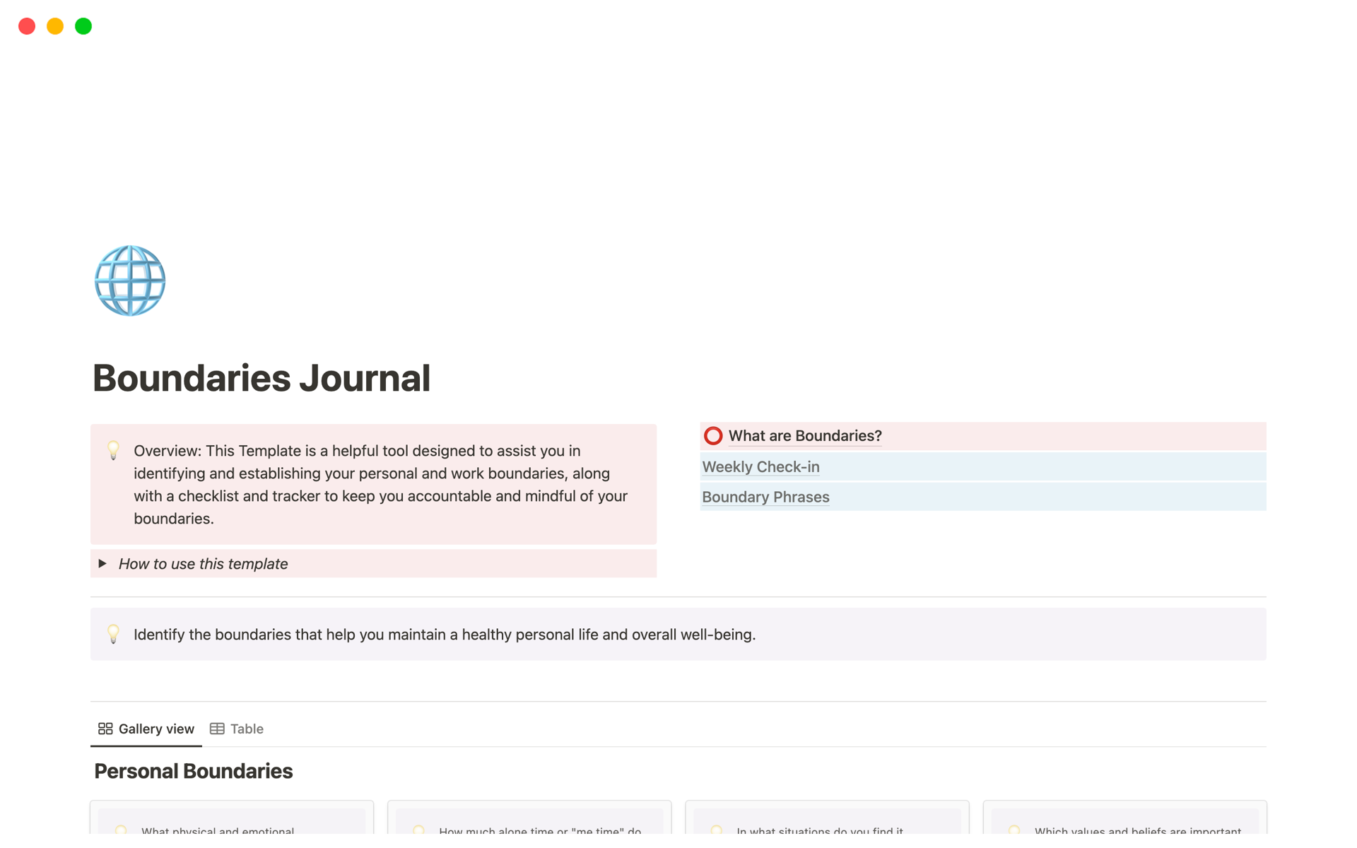 Boundaries Journal Notion Template