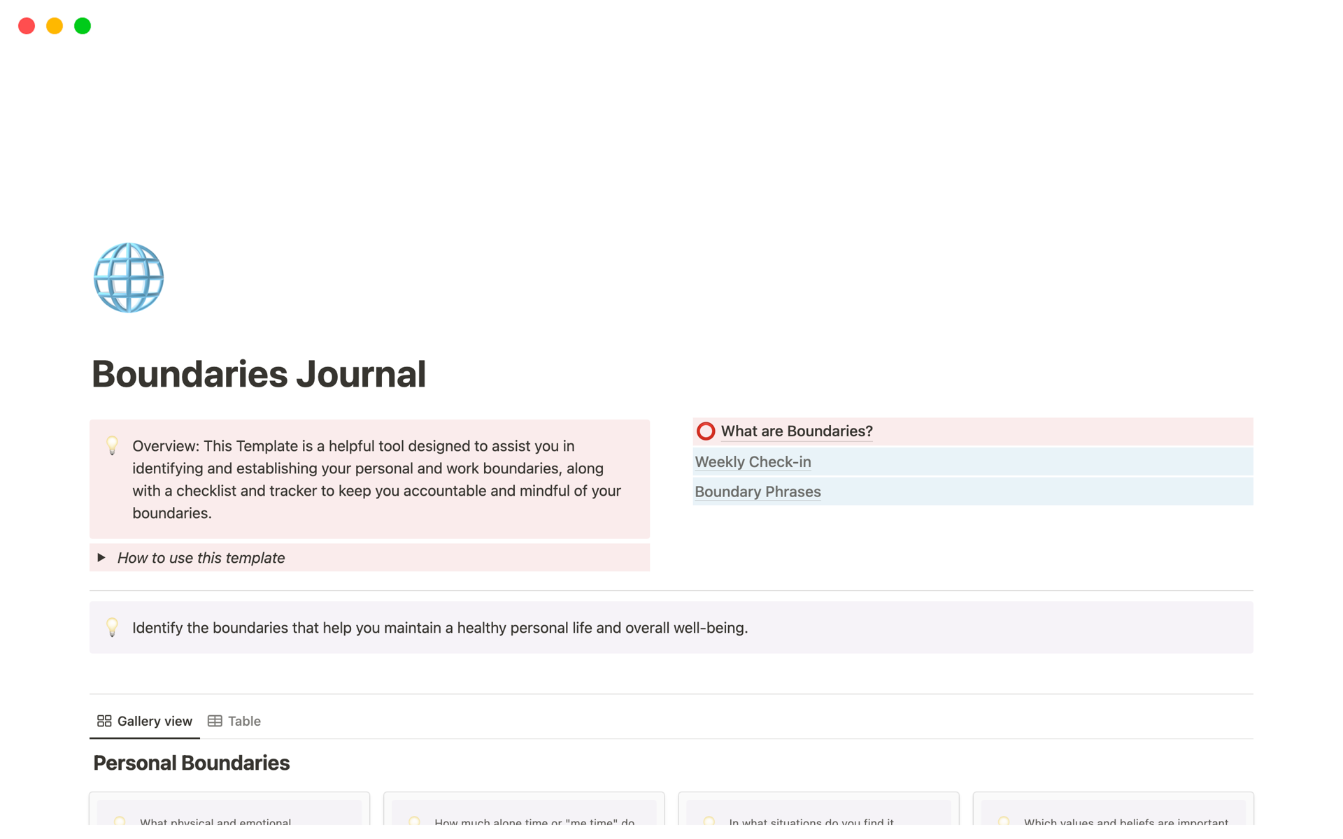 En förhandsgranskning av mallen för Boundaries Journal