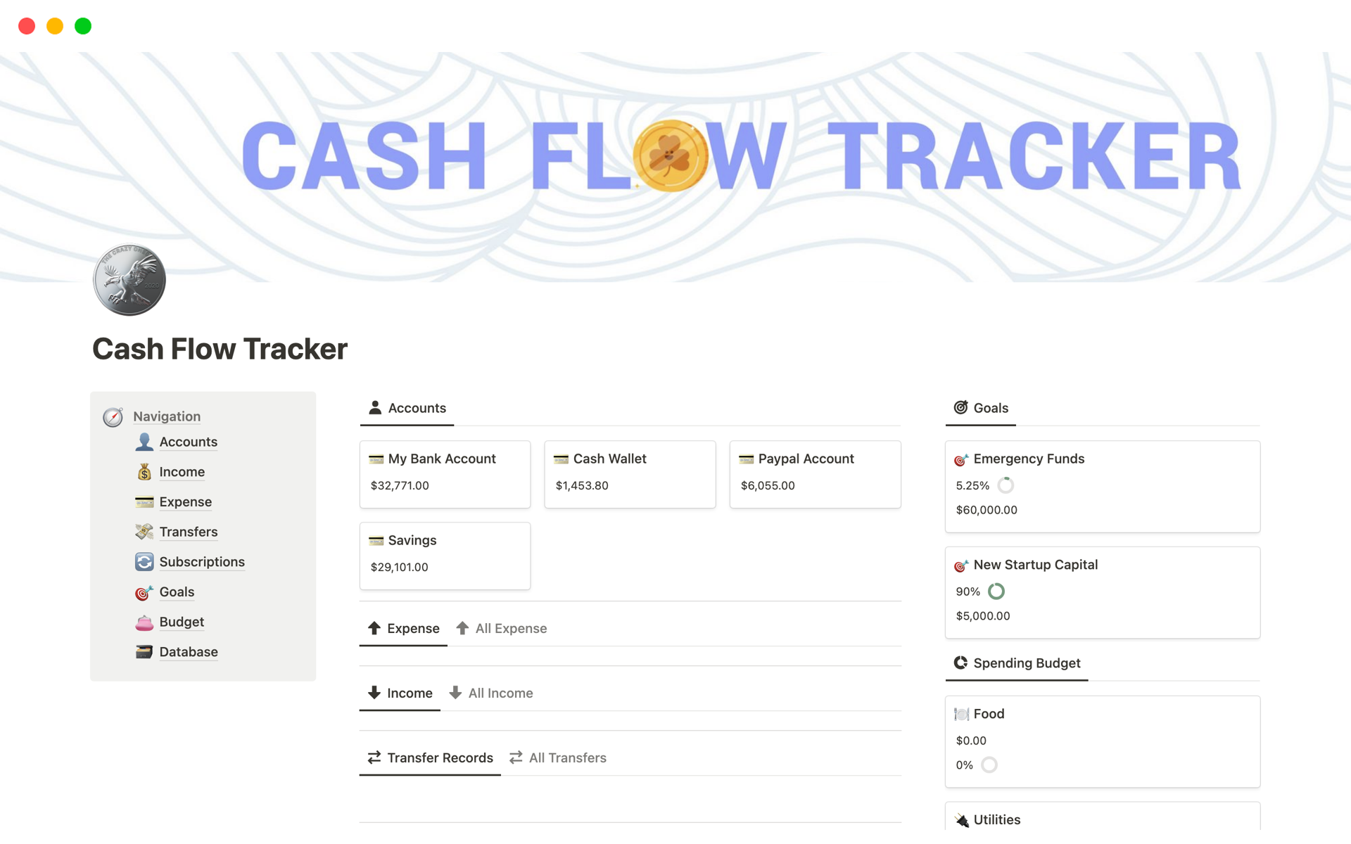 The cleanest and Simplest financial tracker on Notion is out there to effortlessly track your monthly expenses, income, and much more.