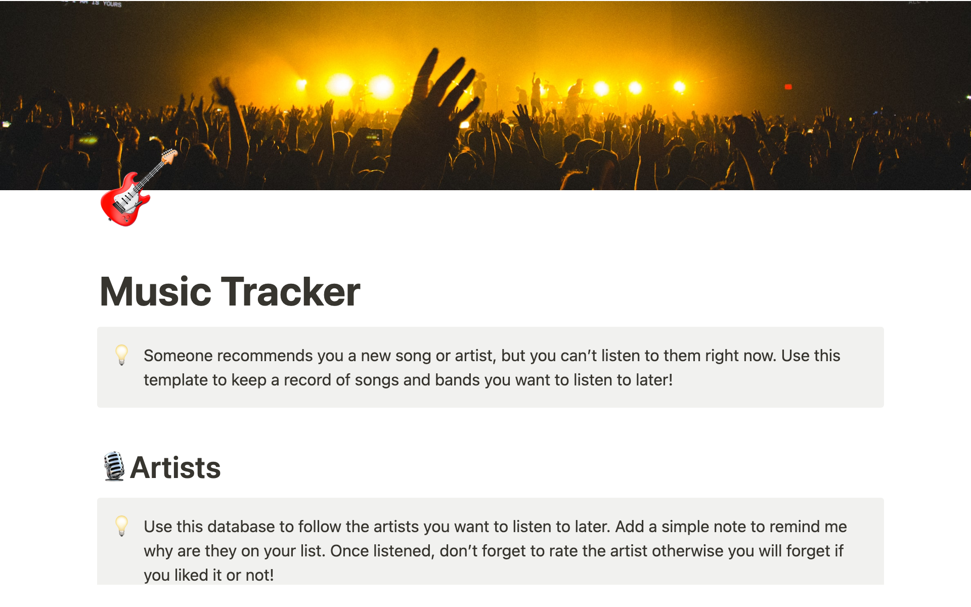 A template preview for Music tracker
