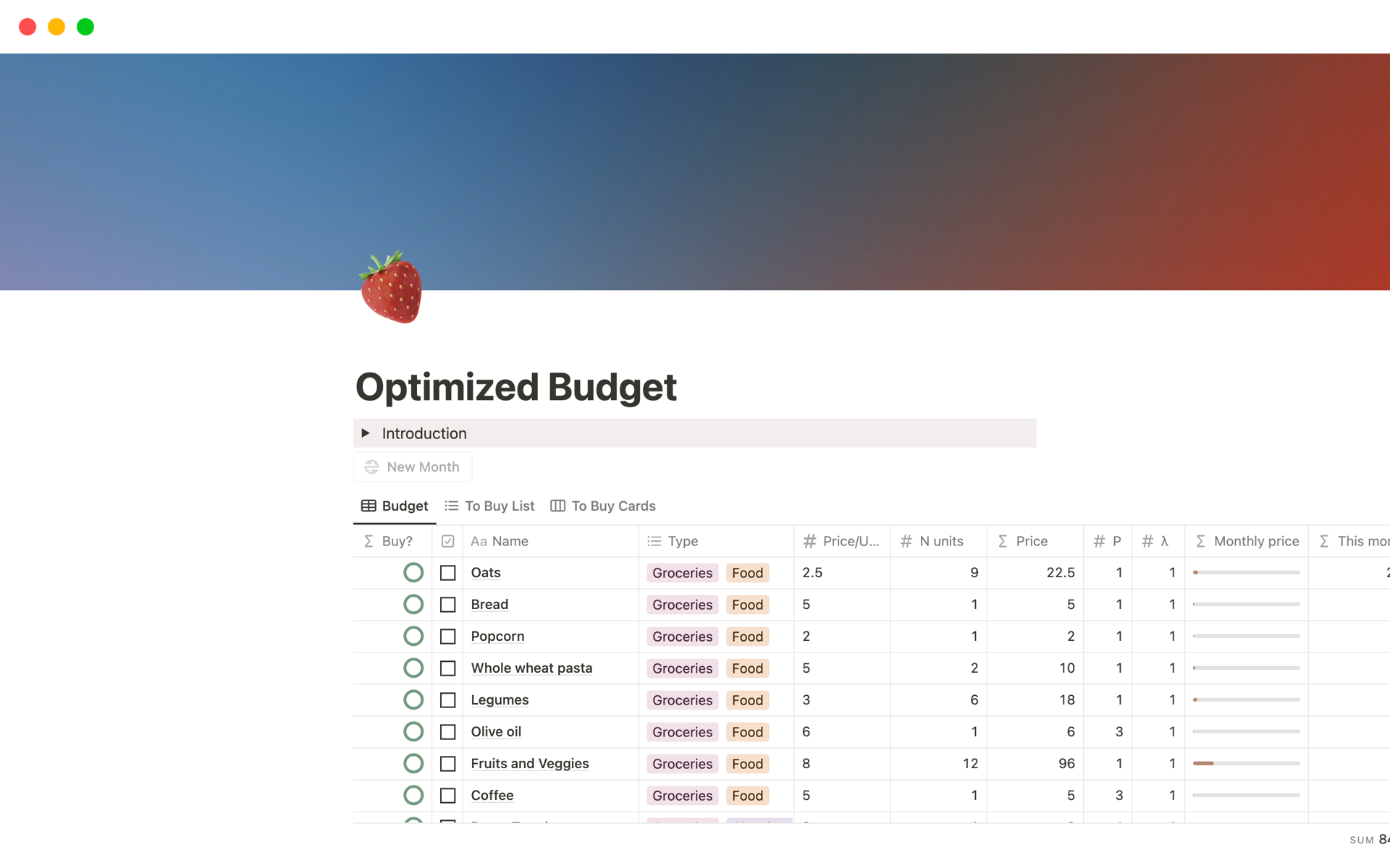 A template preview for Optimized Budget