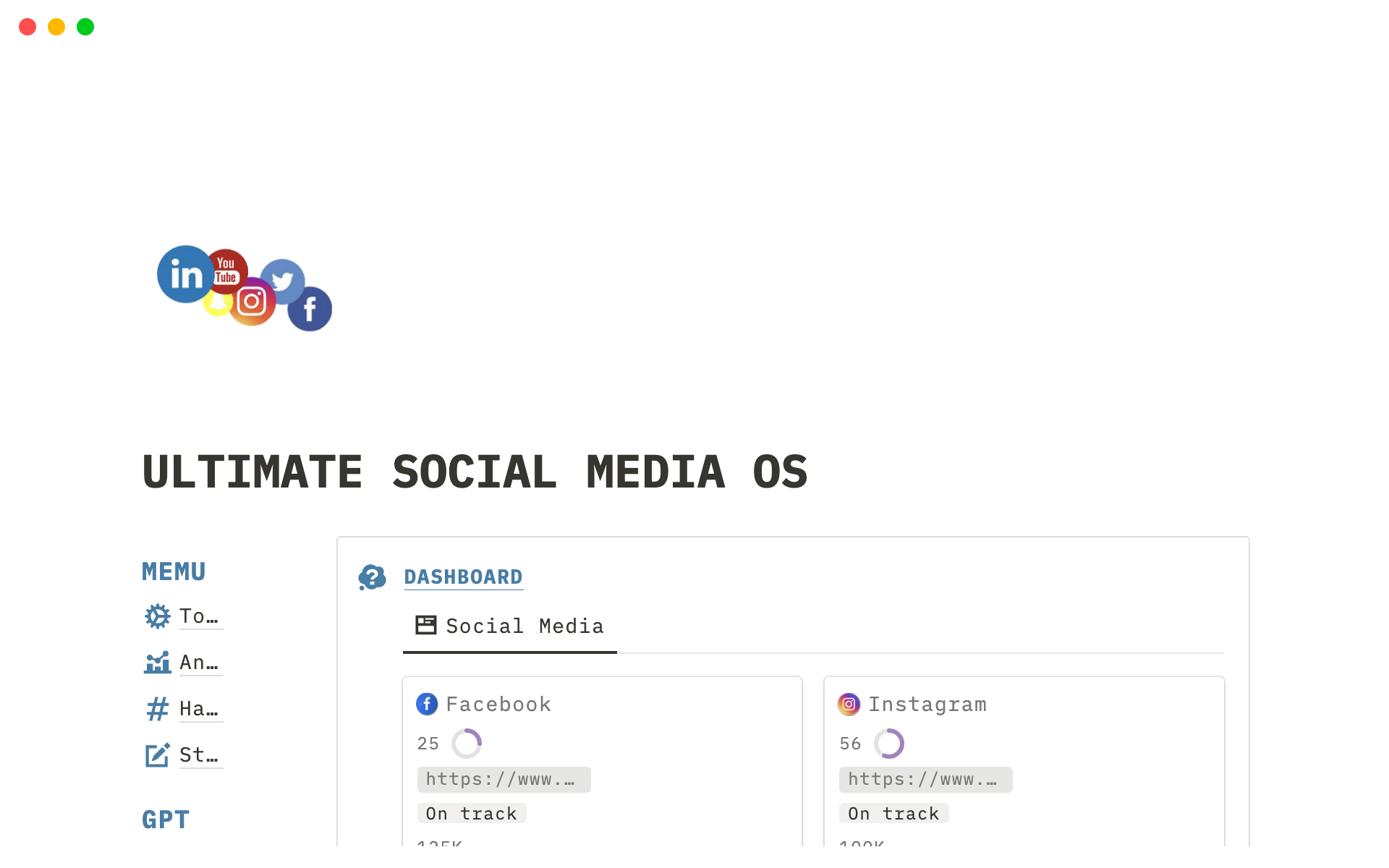 Eine Vorlagenvorschau für Ultimate Social Media OS