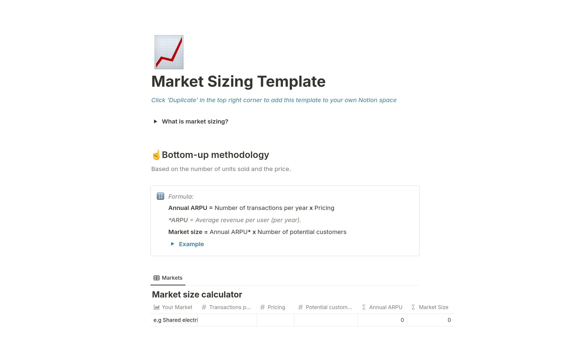 A template preview for Market Sizing