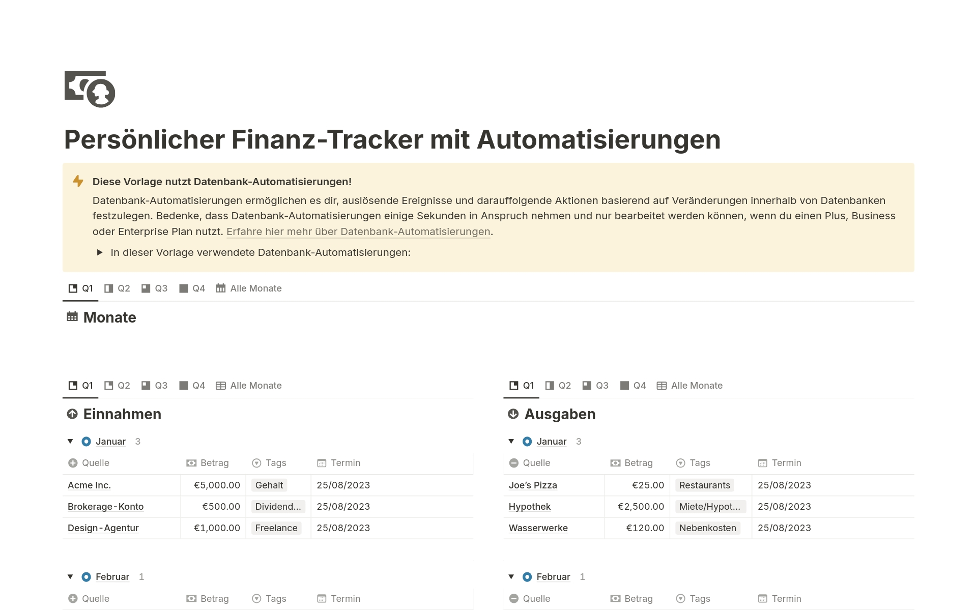 Eine Vorlagenvorschau für Persönlicher Finanz-Tracker mit Automatisierungen