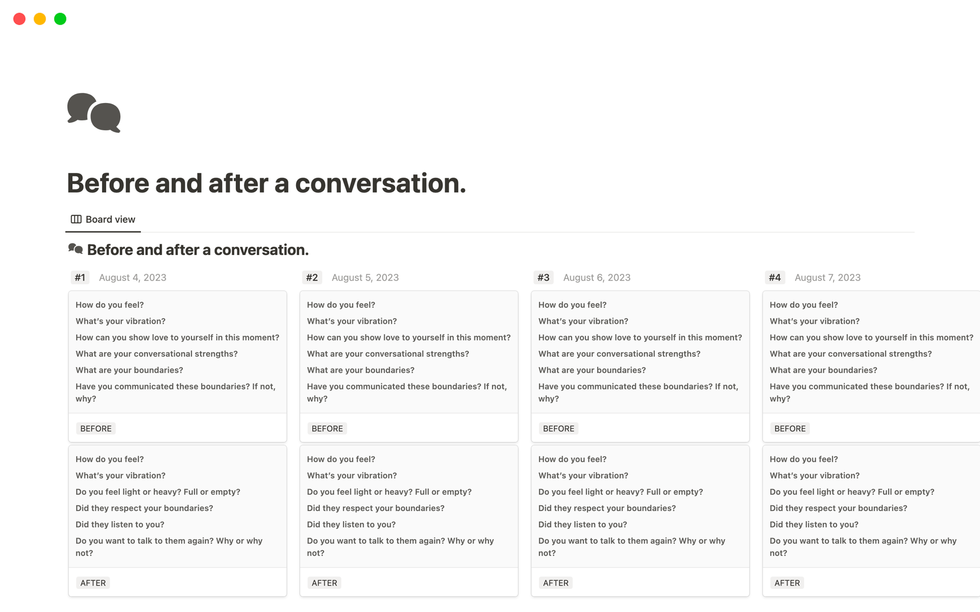 A template preview for Pre- and Post-Conversation Notion Template