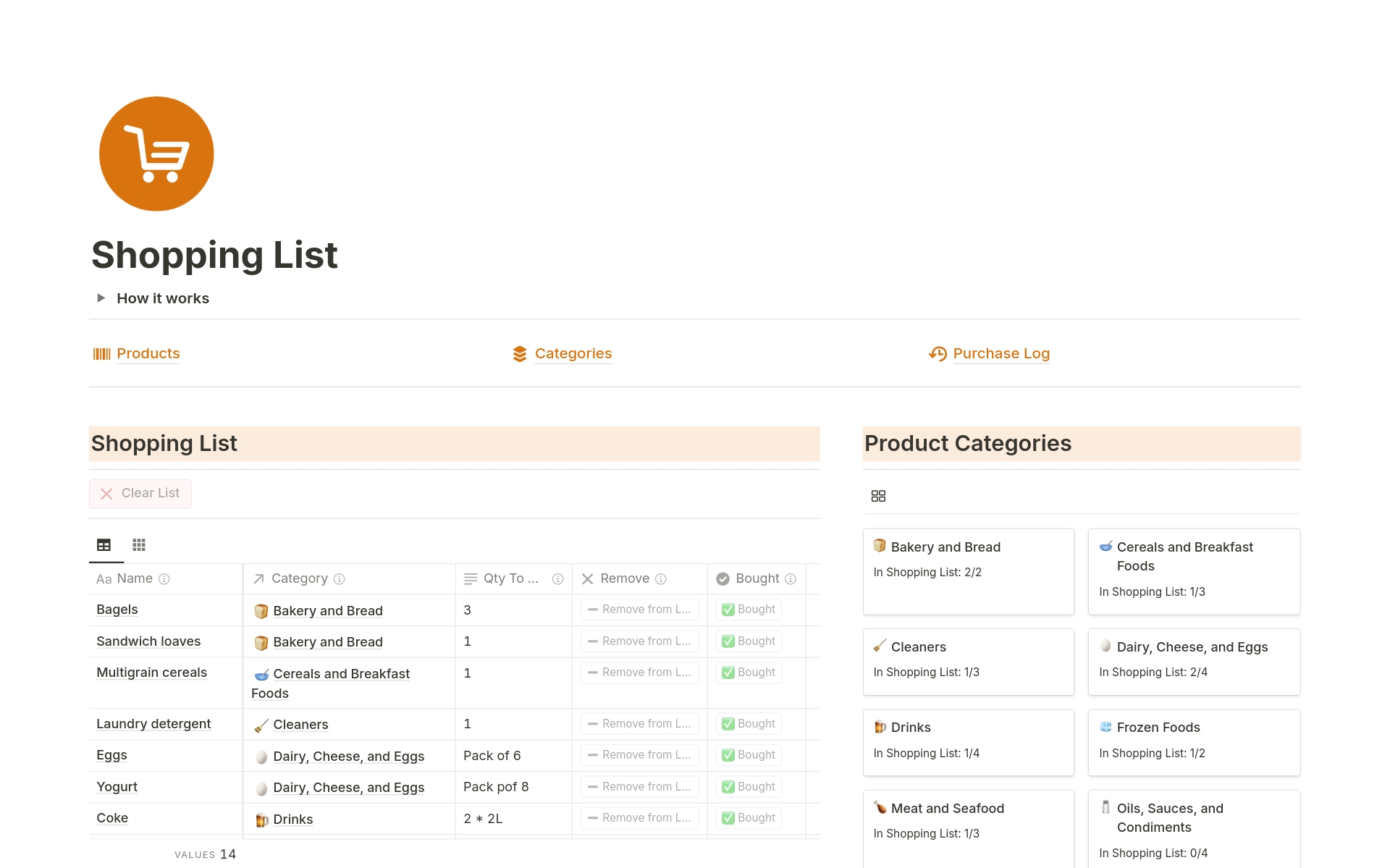 This Notion template simplifies your shopping experience. You can easily add, remove, and purchase items from your list.