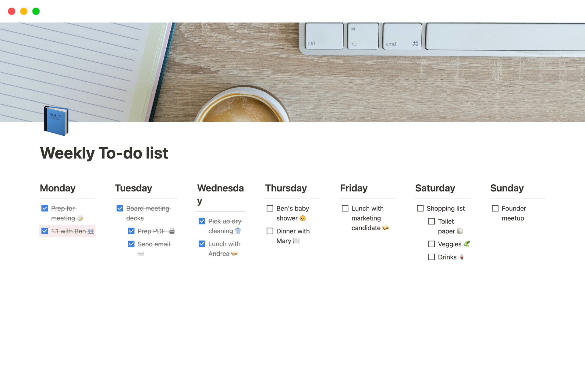 Vista previa de plantilla para Lista de tareas semanal