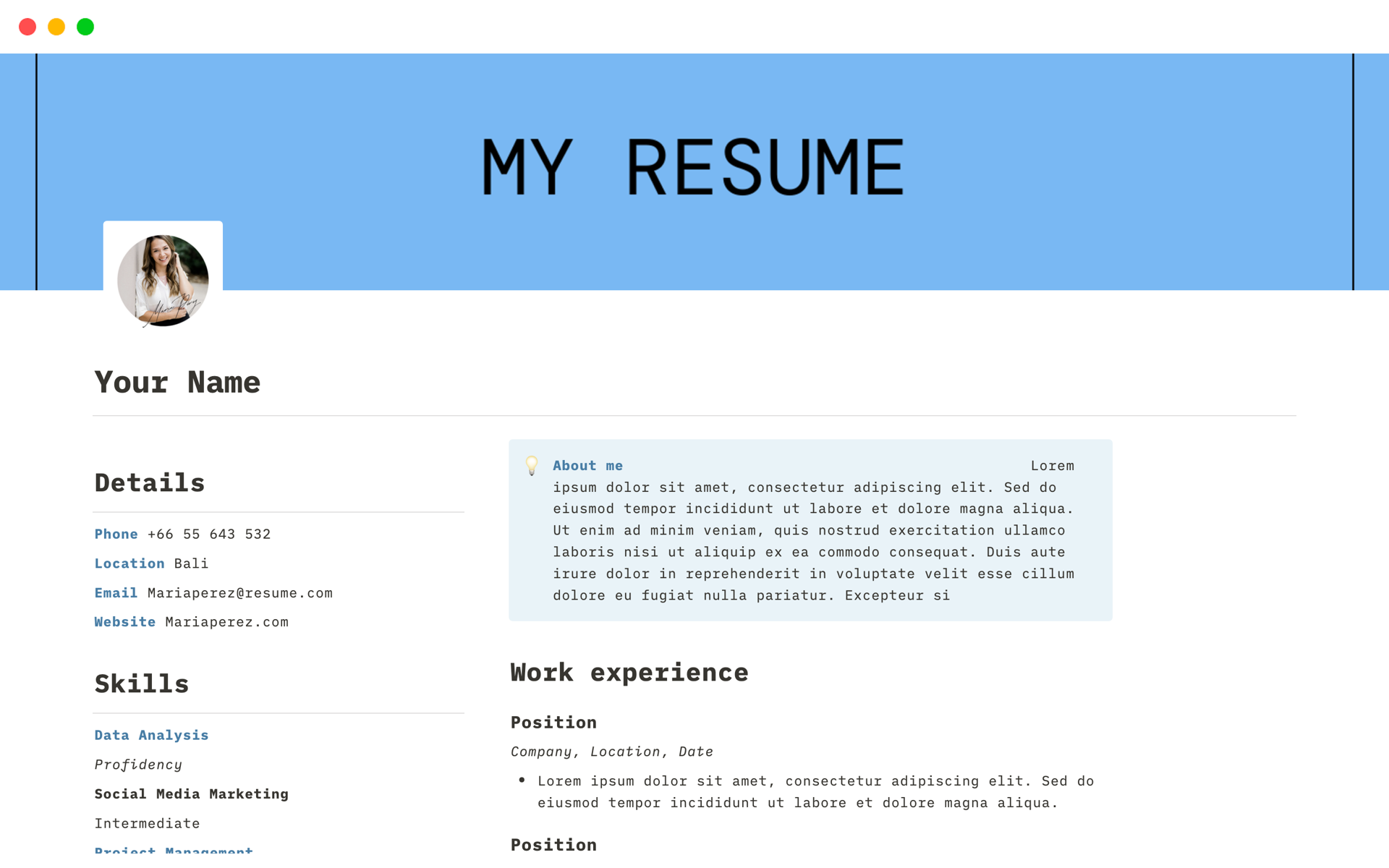 Minimal CV Resumeのテンプレートのプレビュー