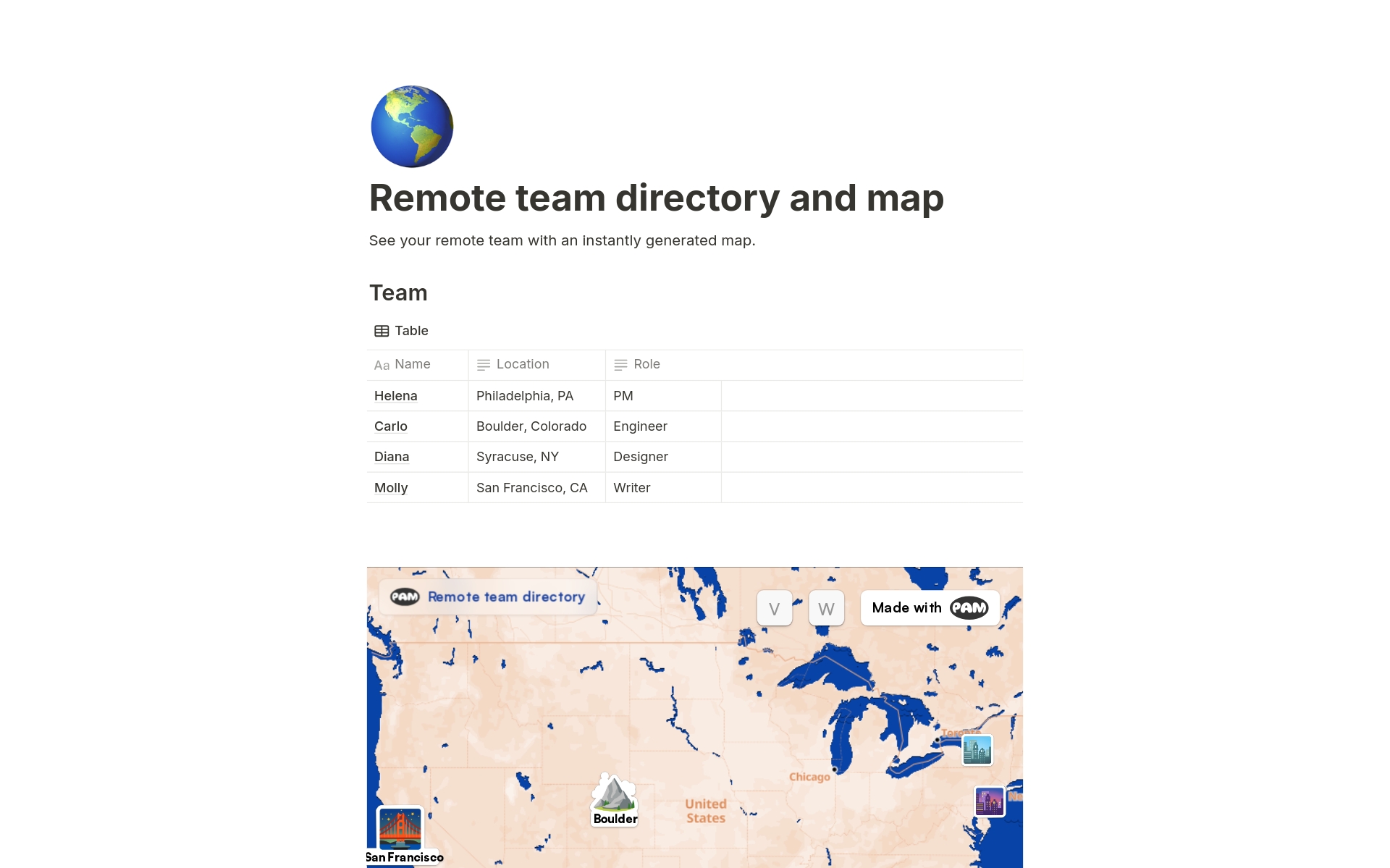 Uma prévia do modelo para Remote team directory & Map
