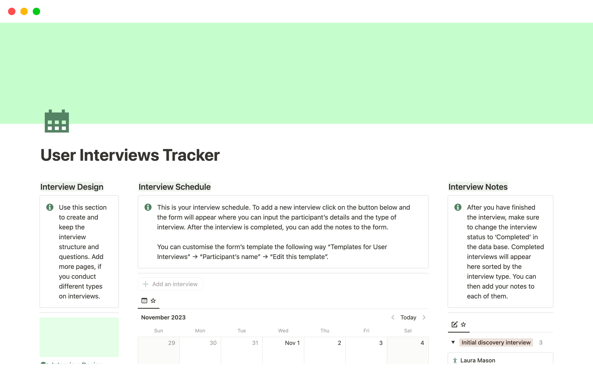 En forhåndsvisning av mal for User Interviews Tracker