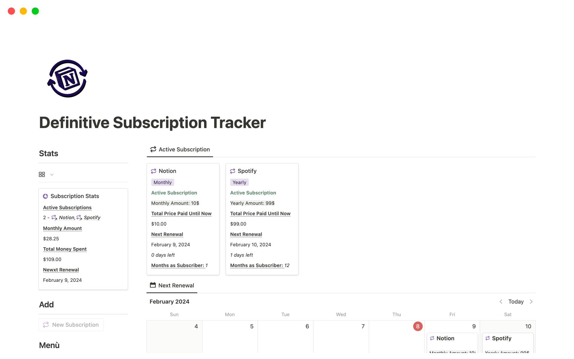 A template preview for Definitive Subscription Tracker