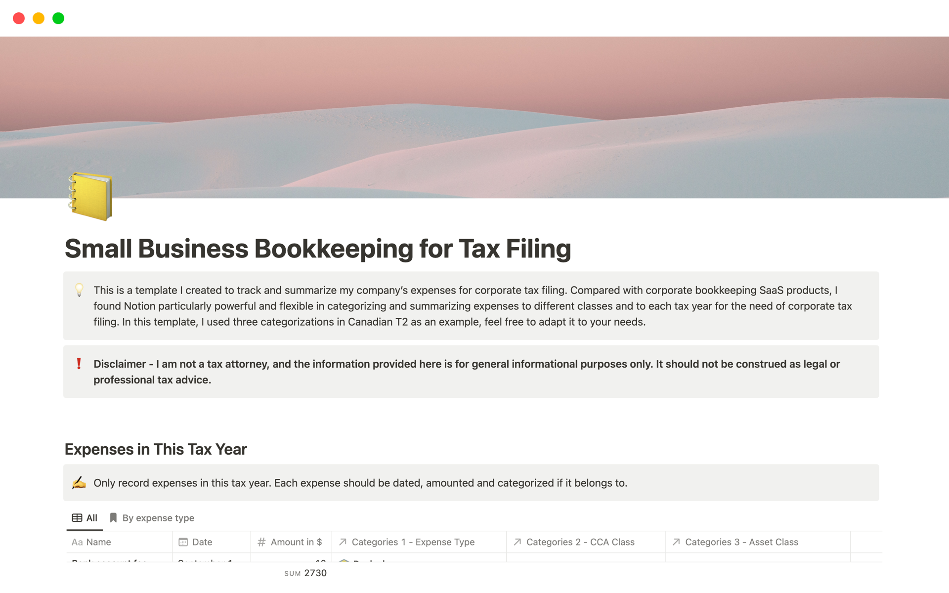 A template preview for Small Business Bookkeeping for Tax Filing