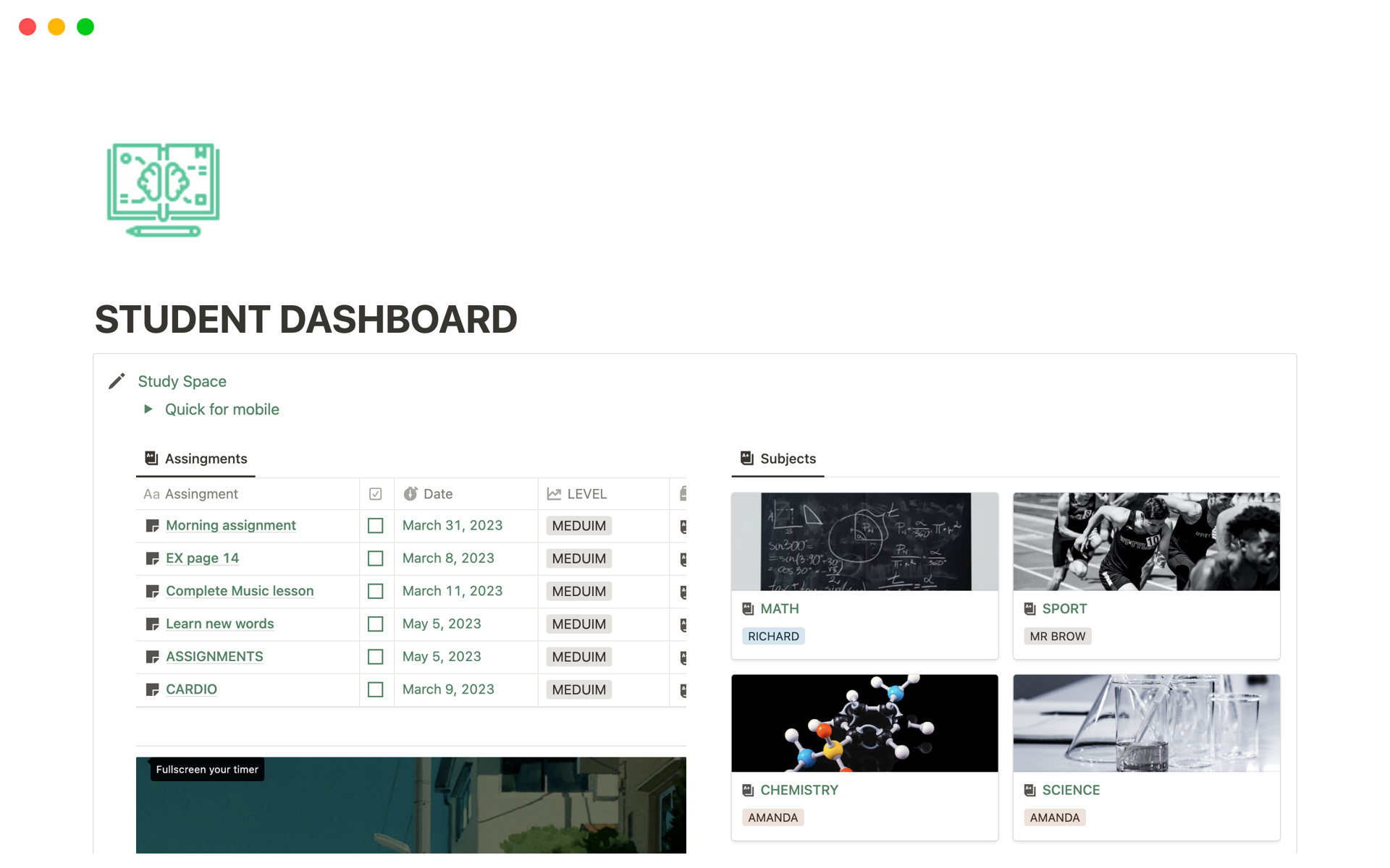 A template preview for STUDENT DASHBOARD