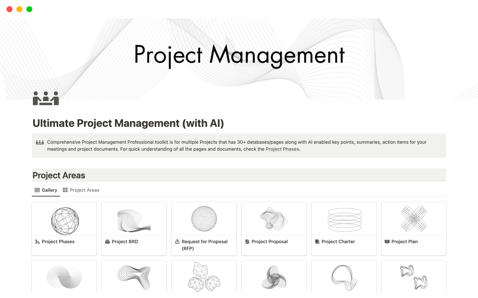 Project Management (with AI) is a 30+ Pages/Databases comprehensive template with a structured layout and dedicated sections for each critical project phase and knowledge area, managing multiple projects becomes a seamless journey.