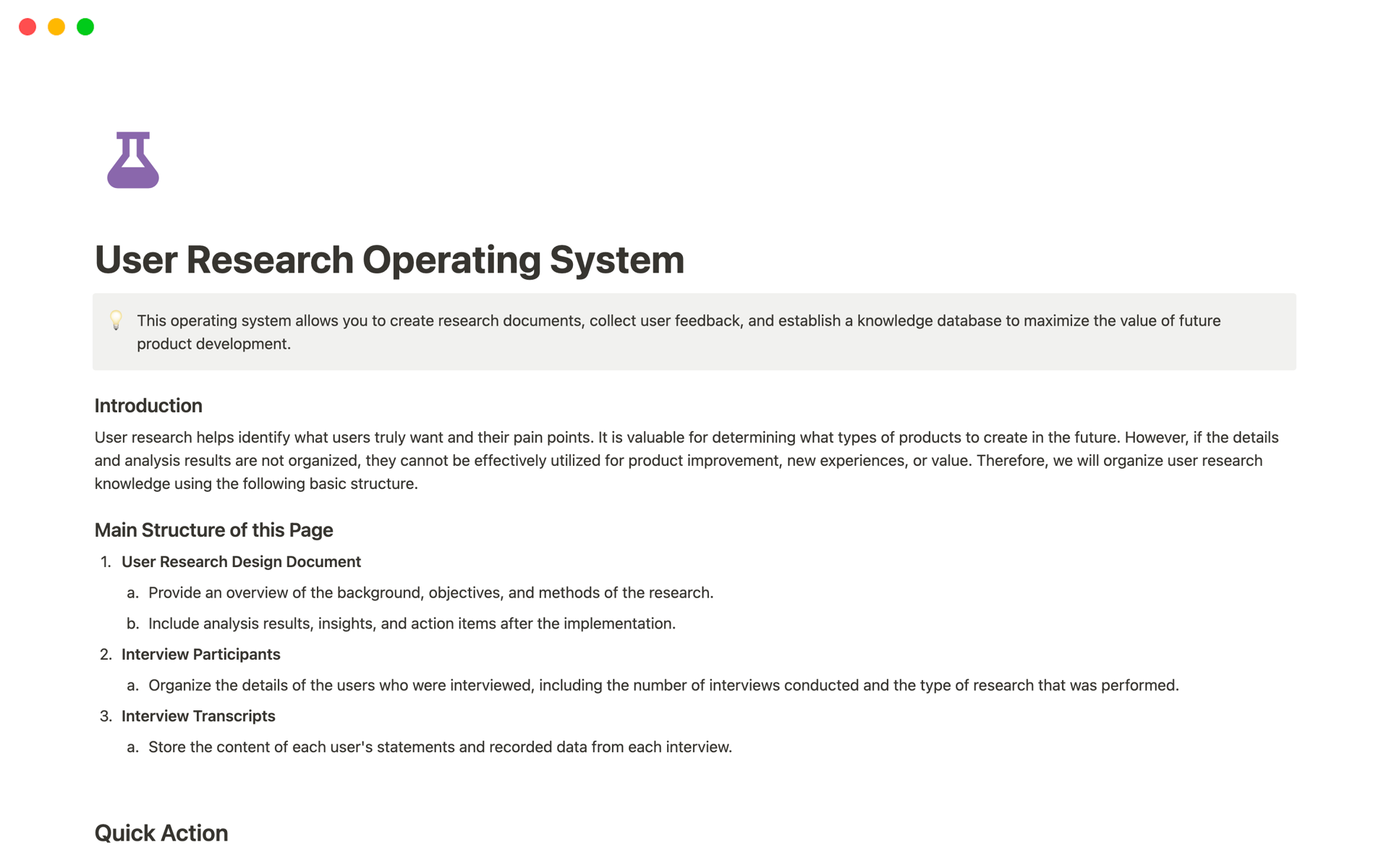 A template preview for User Research Operating System