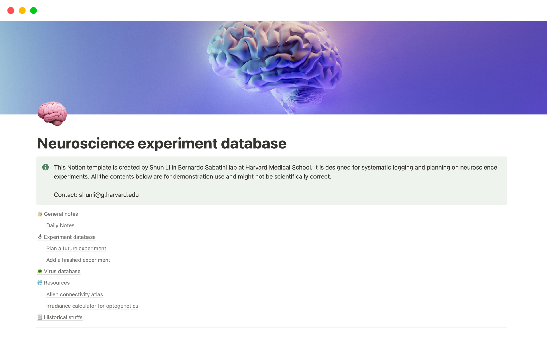 A template preview for Neuroscience experiment database