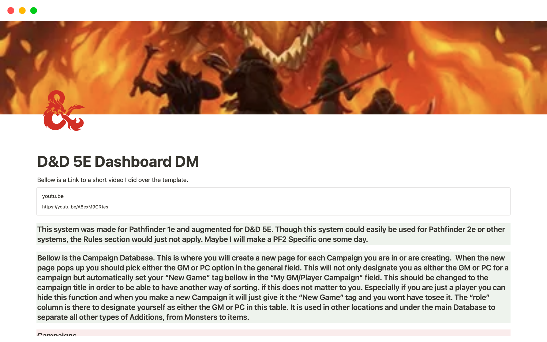 En forhåndsvisning av mal for D&D 5E DM Dashboard