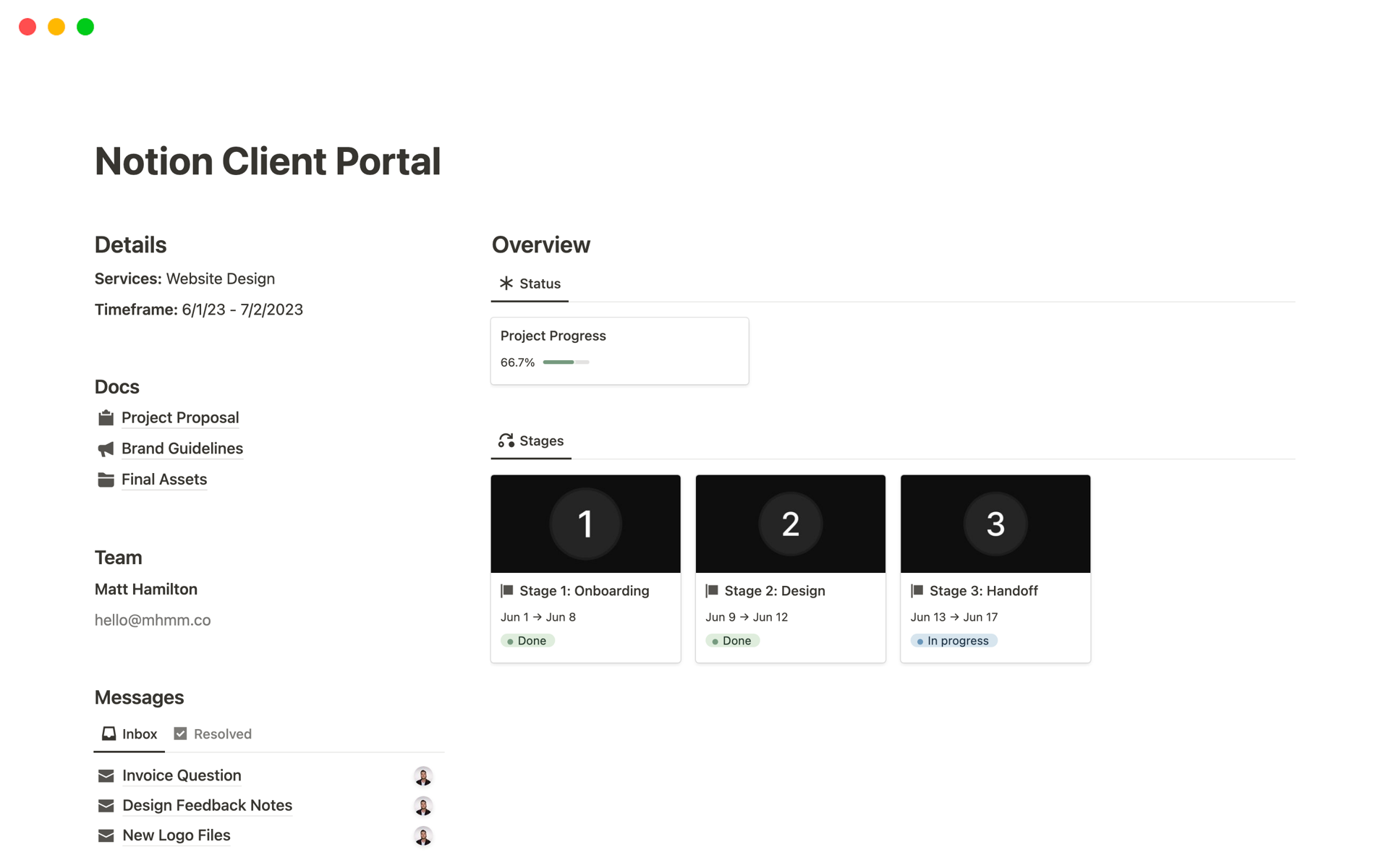 A template preview for Notion Client Portal