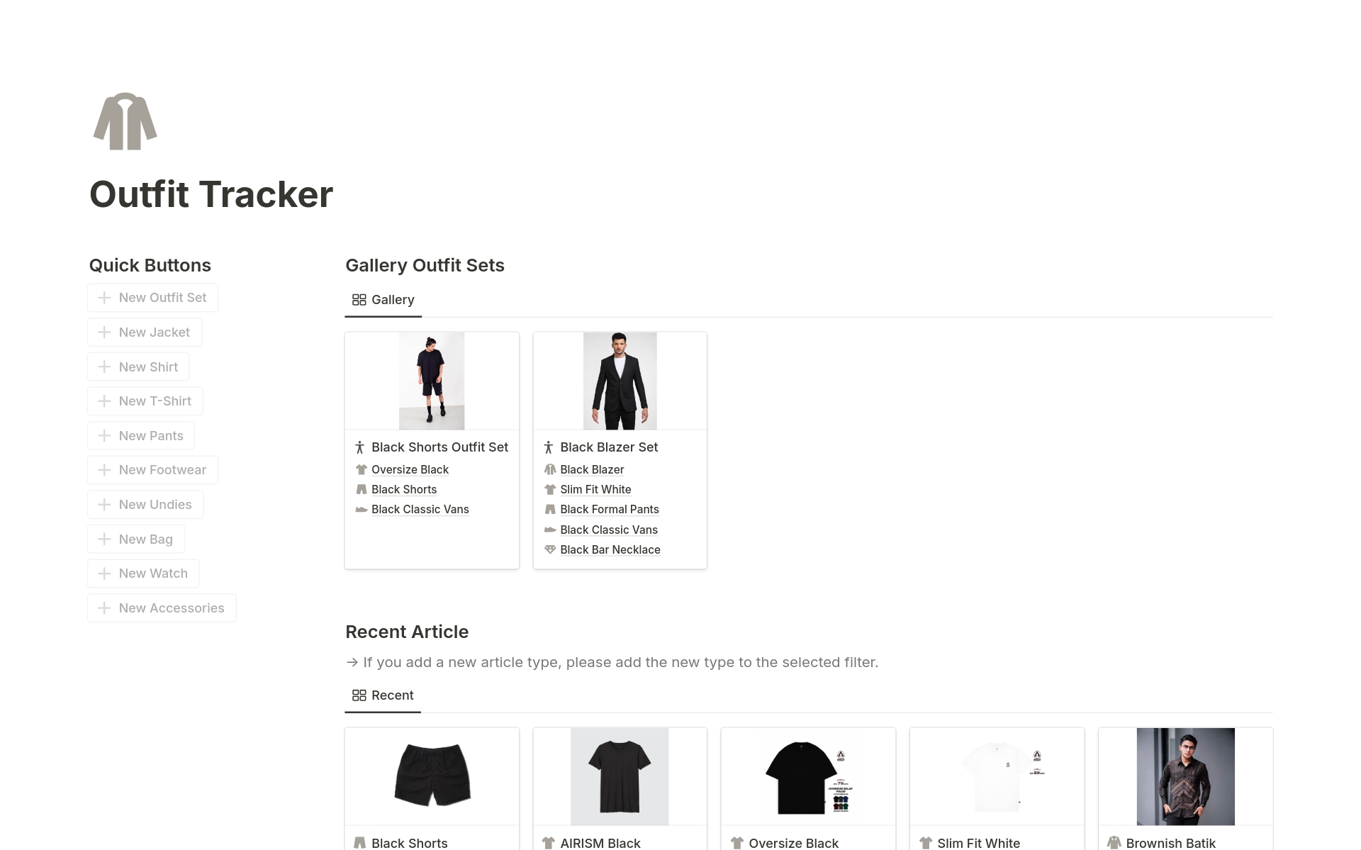 
Easily monitor your outfit sets using our Notion template. Enjoy a gallery view for quick browsing, with sections for size, type, store details, and prices, all conveniently located on a single page. Stay fashionably organized!