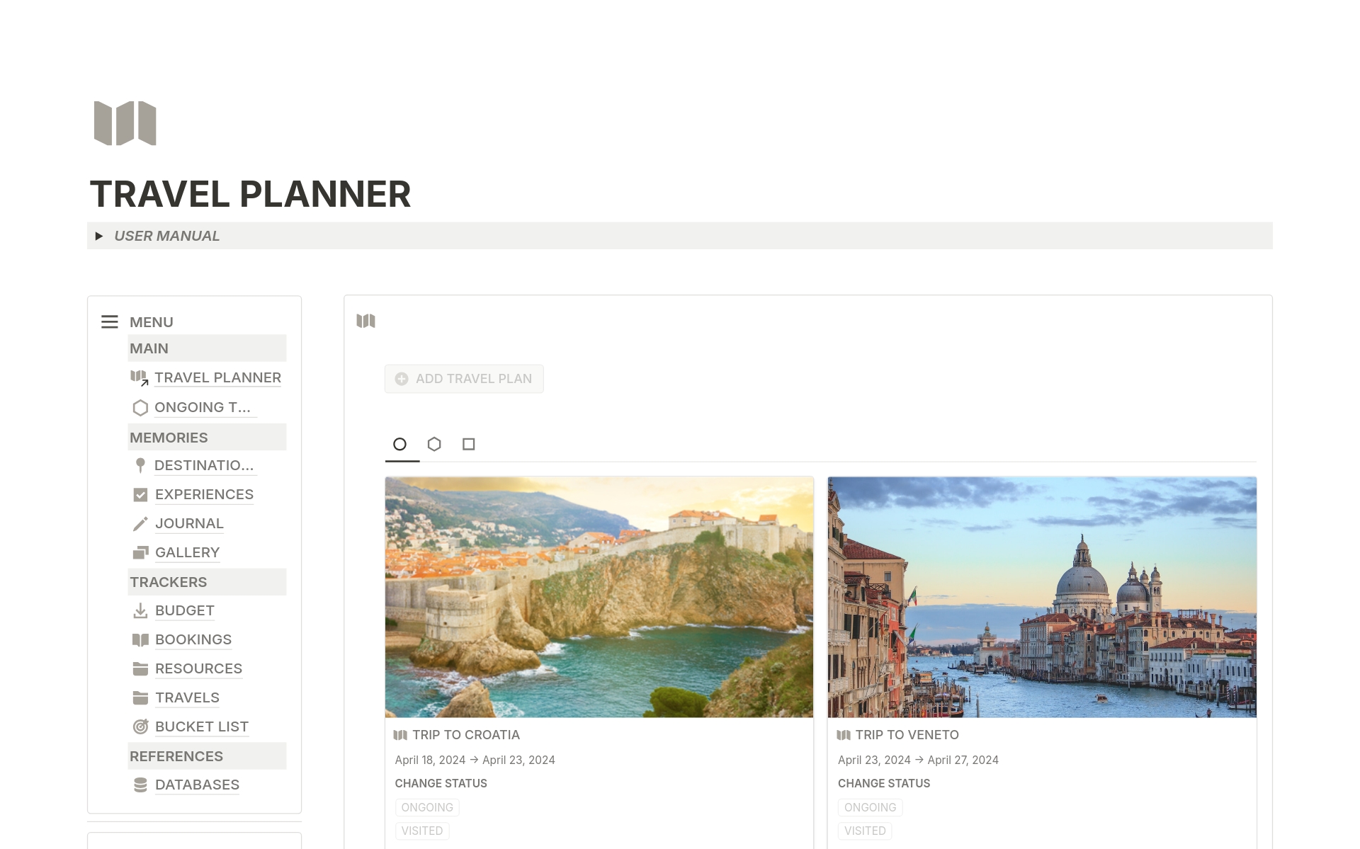 Vista previa de una plantilla para Travel Planner